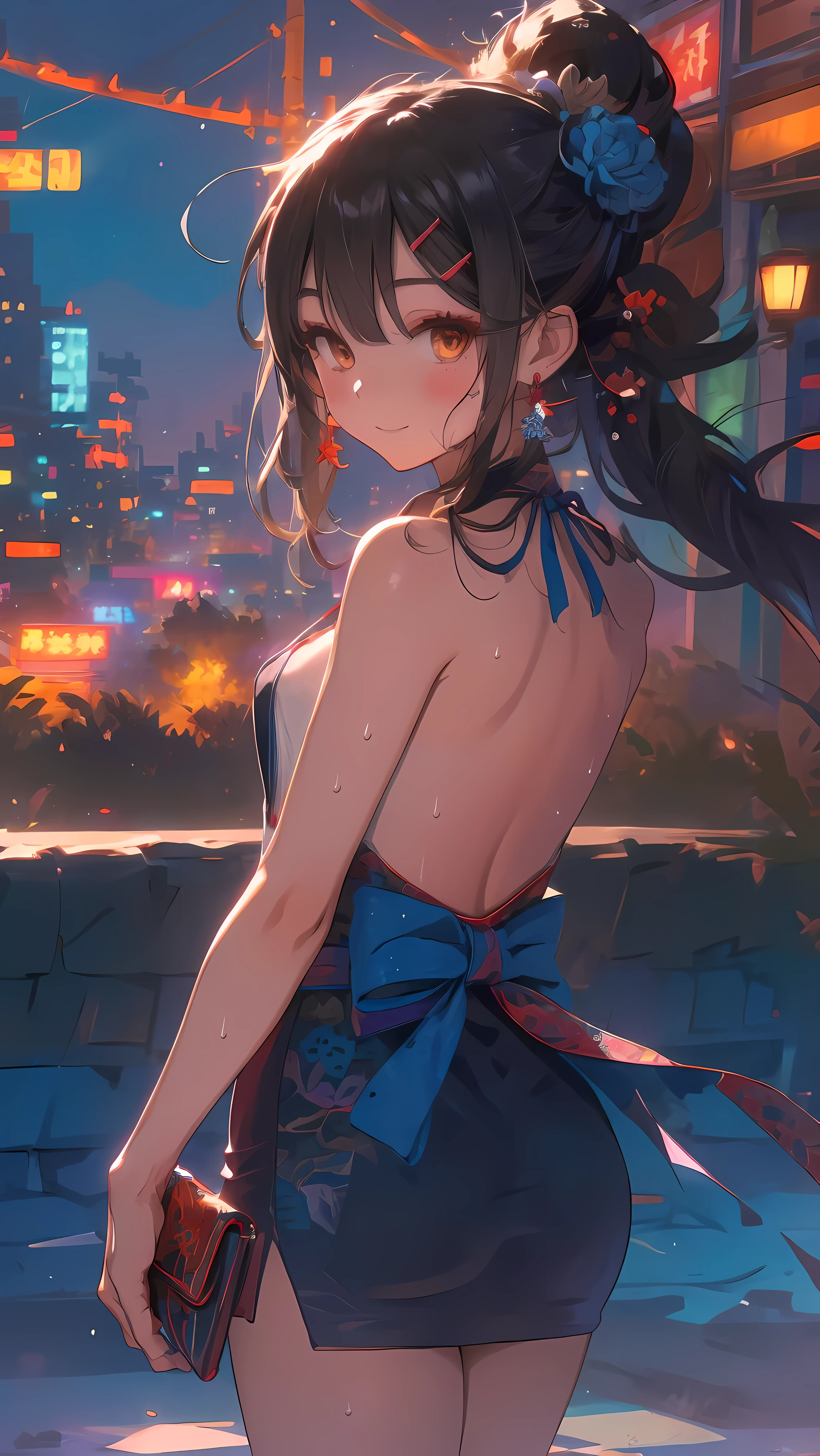 (from behind,back focus:1.4),Dragons and Girls,1 girl,(Meiyu Edelfeldt),Change,camel toe,black hair,brown eyes,seduct smile,alone,big ass,Tail,colored skin, jewelry, skirt,裸露thigh,necklace, Bangs, hair accessories, bare shoulders, side ponyTail, halter neck, Deep V neckline, side lock, halter skirt, backlessoutfit, silver skirt, nail polish, backless skirt, alone, Keep your mouth shut, blush, Bag, revealing clothes, earrings, hairpin, handBag, Sweat, looking at the audience, evening dress, lean forward, thigh, blue nails, flat_boobgasm, official alternate costume, cover nipples, hair between eyes,, best quality, amazing quality, very aesthetic, ridiculous,