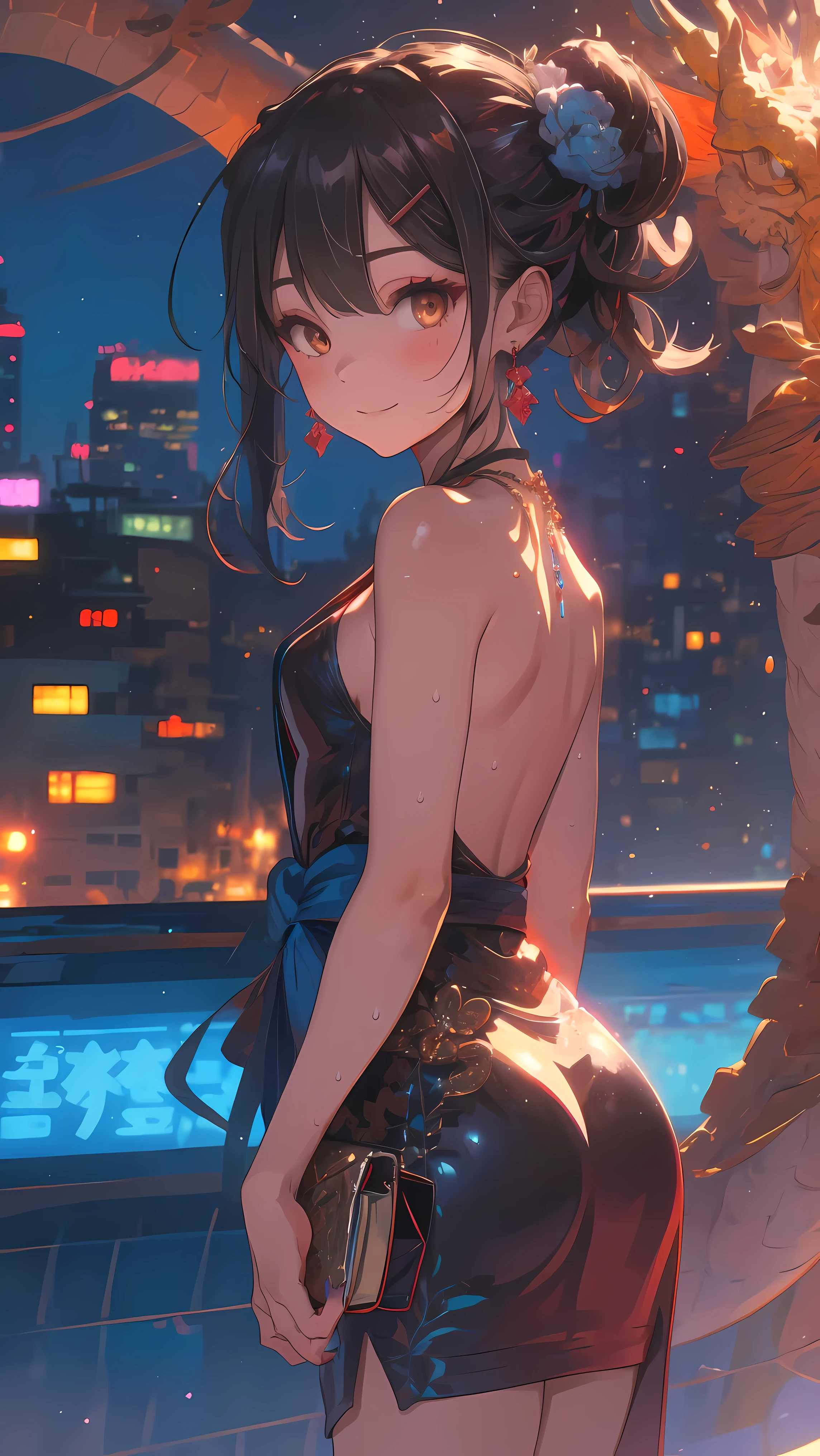 (from behind,back focus:1.4),Dragons and Girls,1 girl,(Meiyu Edelfeldt),Change,camel toe,black hair,brown eyes,seduct smile,alone,big ass,Tail,colored skin, jewelry, skirt,裸露thigh,necklace, Bangs, hair accessories, bare shoulders, side ponyTail, halter neck, Deep V neckline, side lock, halter skirt, backlessoutfit, silver skirt, nail polish, backless skirt, alone, Keep your mouth shut, blush, Bag, revealing clothes, earrings, hairpin, handBag, Sweat, looking at the audience, evening dress, lean forward, thigh, blue nails, flat_boobgasm, official alternate costume, cover nipples, hair between eyes,, best quality, amazing quality, very aesthetic, ridiculous,