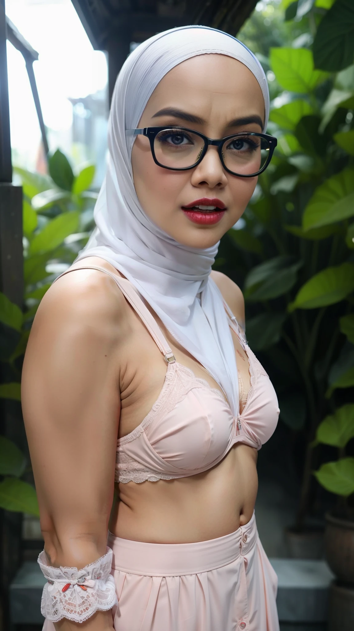 (Anger), "Oki Setiana Dewi", "Spectacles ", ("Hijab Naked"), Chubby Wearing Lace Bra & Short Hairy Pussy, "Facial expression in anger", "FLUORESCENT Blue", "Red Lips", "Bokeh" My ass is huge Being in the forest 