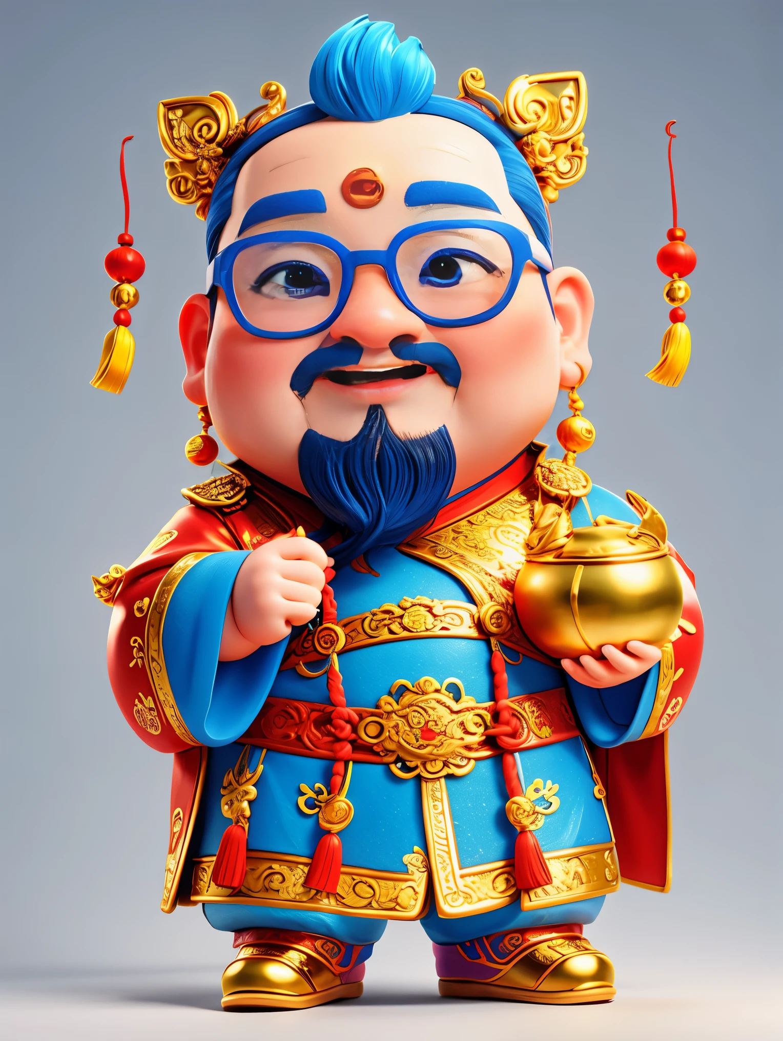 1 Cute Chinese God of Wealth，Wearing cool glasses，Pixar style，White background，whole body，(Vision 1.5）, (UHD, masterpiece, ccurate, anatomically correct, super detail, high quality, best quality, 8k)