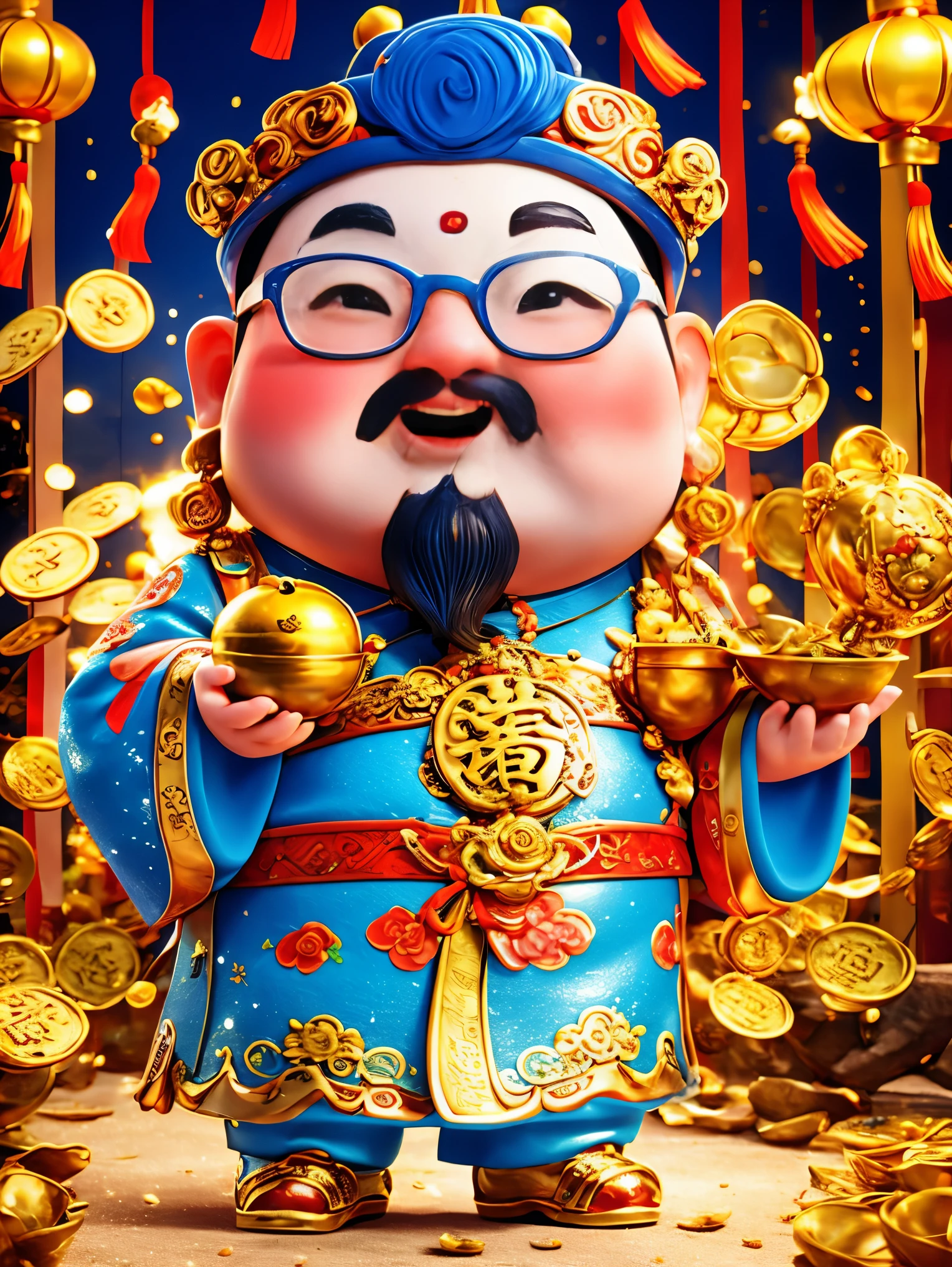 1 Cute Chinese God of Wealth，Wearing cool glasses，Pixar style，White background，whole body，(Vision 1.5) ,  (UHD, masterpiece, ccurate, anatomically correct, super detail, high quality, best quality, 8k)