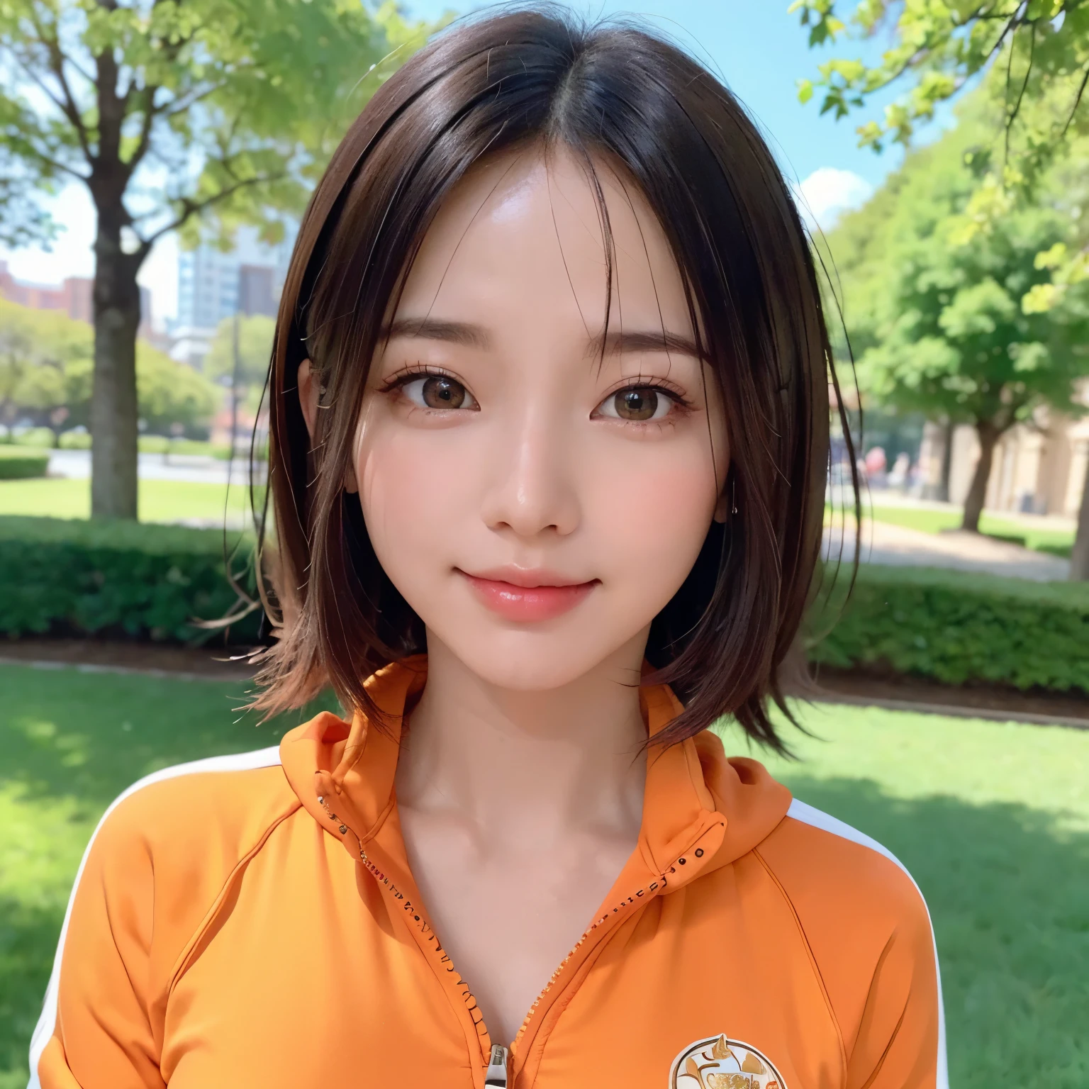 (highest quality、table top、8K、best image quality、Award-winning work)、one beautiful woman、Shining beautiful skin、(bright orange tracksuit:1.2)、(The jersey has its zipper wide open to show off her cleavage.:1.2)、(the most stylish perfect tracksuit:1.1)、Shining ultra-high definition skin、(accurate anatomy:1.1)、A gentle smile looking at me、(photo from the chest up:1.1)、(close up of face:1.25)、Standing gracefully、(Blurry park background:1.2)、portrait photography、(draw softly and smoothly:1.1)、(very bright and vivid:1.2)、very romantic、光を受けてShining beautiful skin、(very bright and refreshing:1.1)、(the most detailed and perfect face:1.1)、(most detailed glowing eyes:1.1)、(beautiful and moisturized skin:1.1)