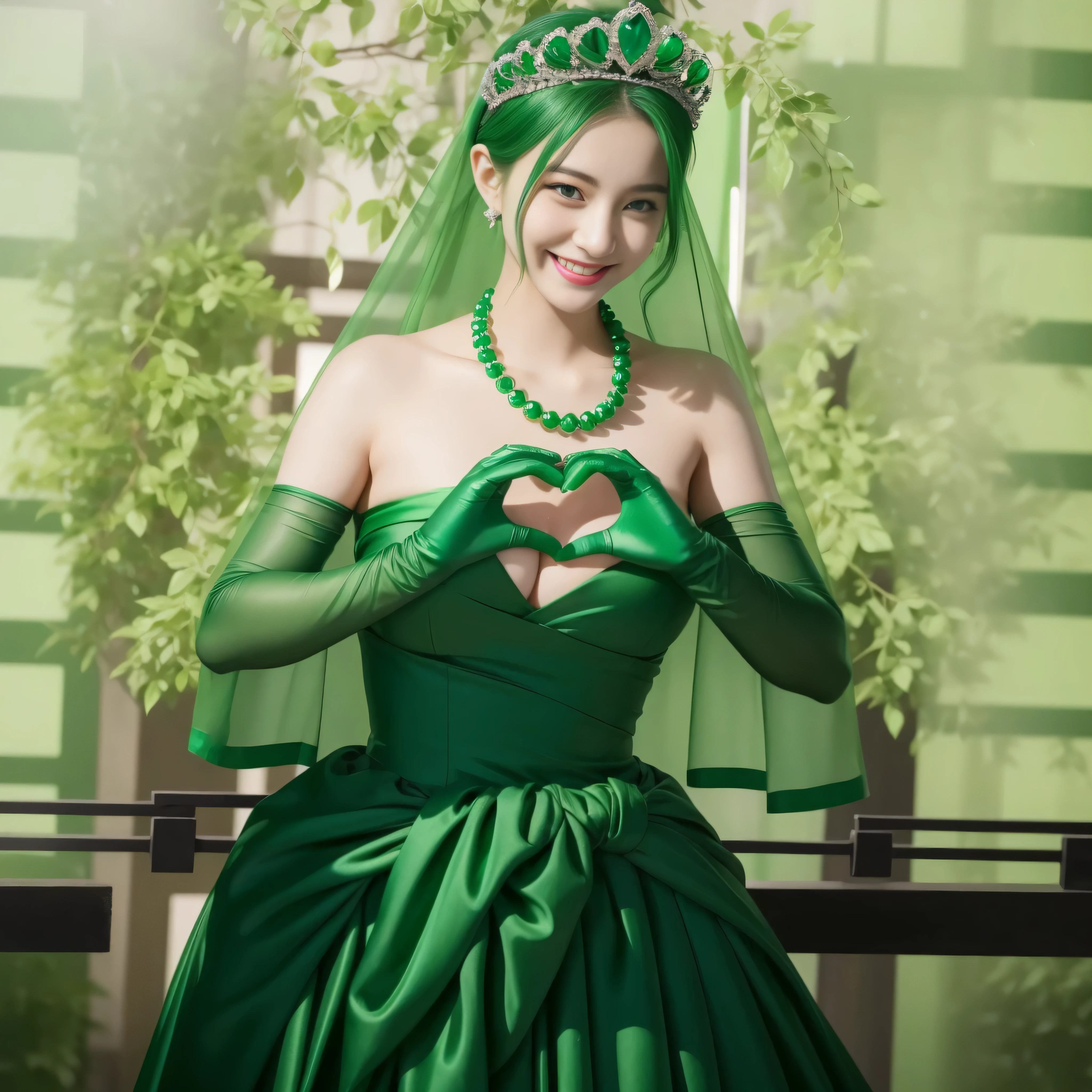 emerald tiara, green pearl necklace, ボーイッシュな非常に短いgreen hair, lipstick, smiling Japanese woman, very short hair, Beauty with large , green eyes, Long Green Satin Gloves, green eyes, emerald earrings, green veil, heart with both hands, green hair, beautiful japanese woman, heart shaped hand:1.3, green lip gloss