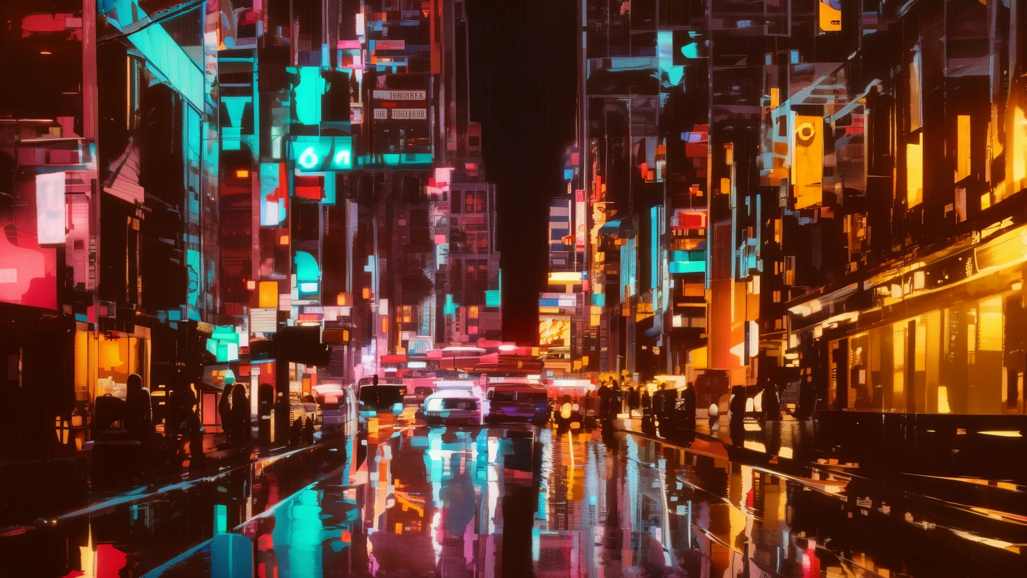 Painting of a street at night with reflections of buildings, Vibrant city lights, reflection of city lights, Urban reflections, reflection of wet road, Street City Night, neon reflections, Intricate and intense oil paint, Night in the city, street of new york, colorful city, rainy city at night, bright city lights, in city street at night, Urban reflection