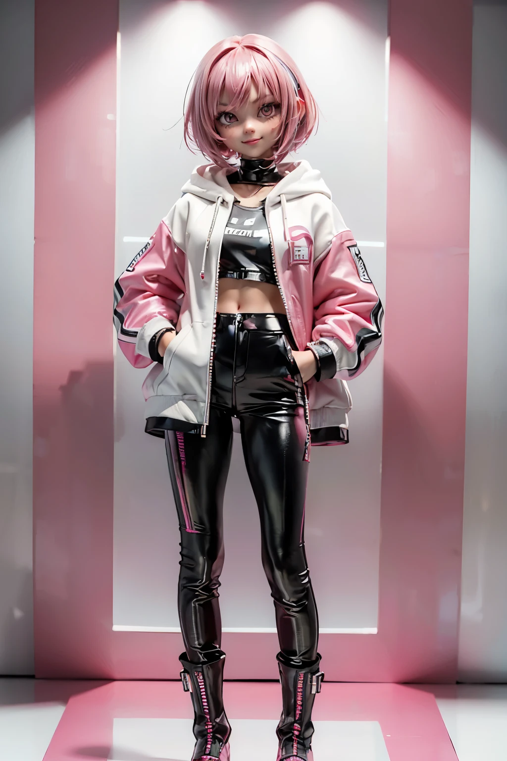 (1beautiful girl), 18 year old, smile, pink bob cut hair, oily skin, white and pink vinyl jacket, hoodie, ninja artist、futuristic cyberpunk style、black vinyl pants、pink vinyl boots、standing, just the Front view、full body, concept art、((Simple white background))
