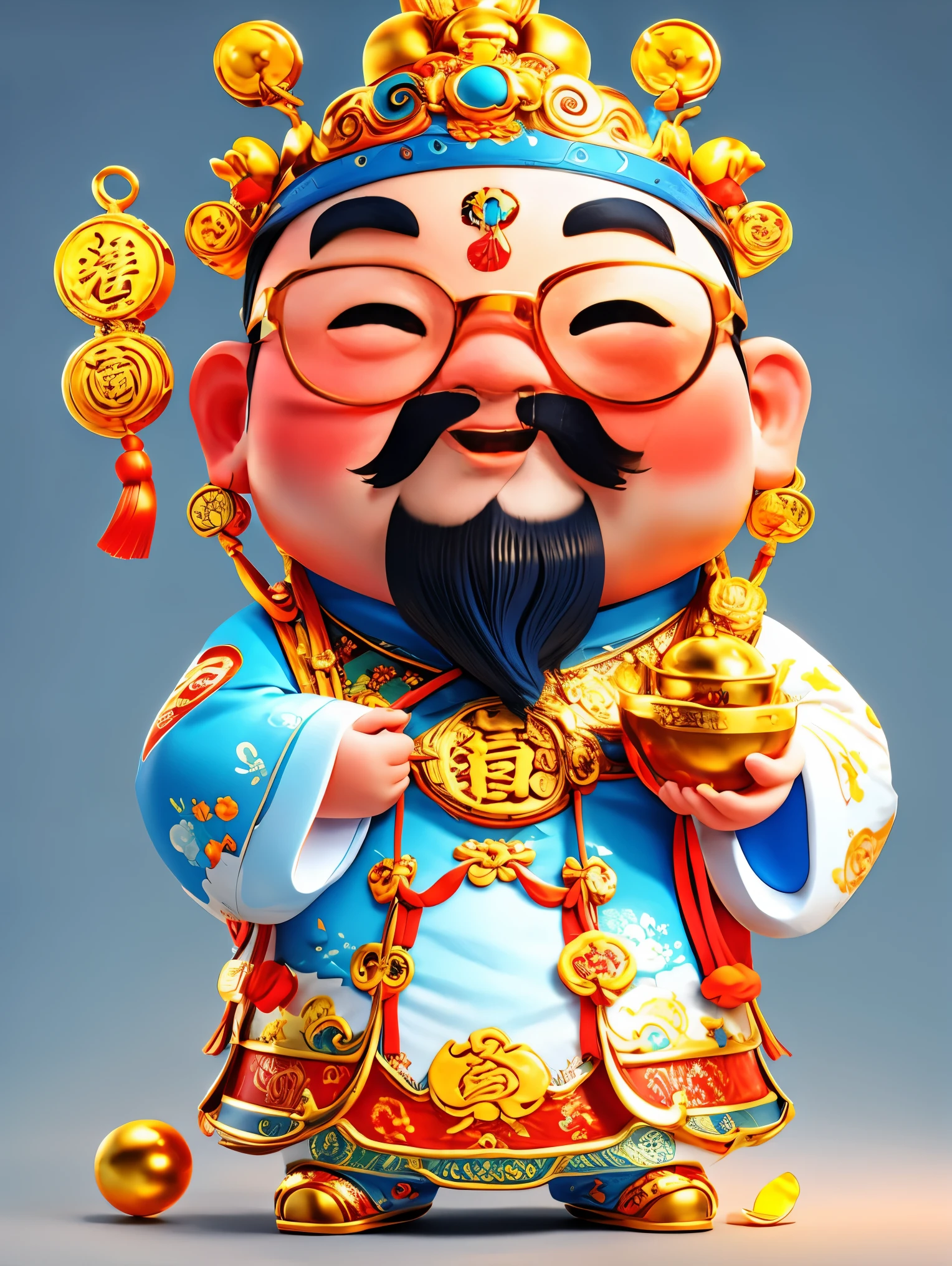 1 Cute Chinese God of Wealth，Wearing cool glasses，Pixar style，White background，whole body，(Vision 1.5) ,  (UHD, masterpiece, ccurate, anatomically correct, super detail, high quality, best quality, 8k)