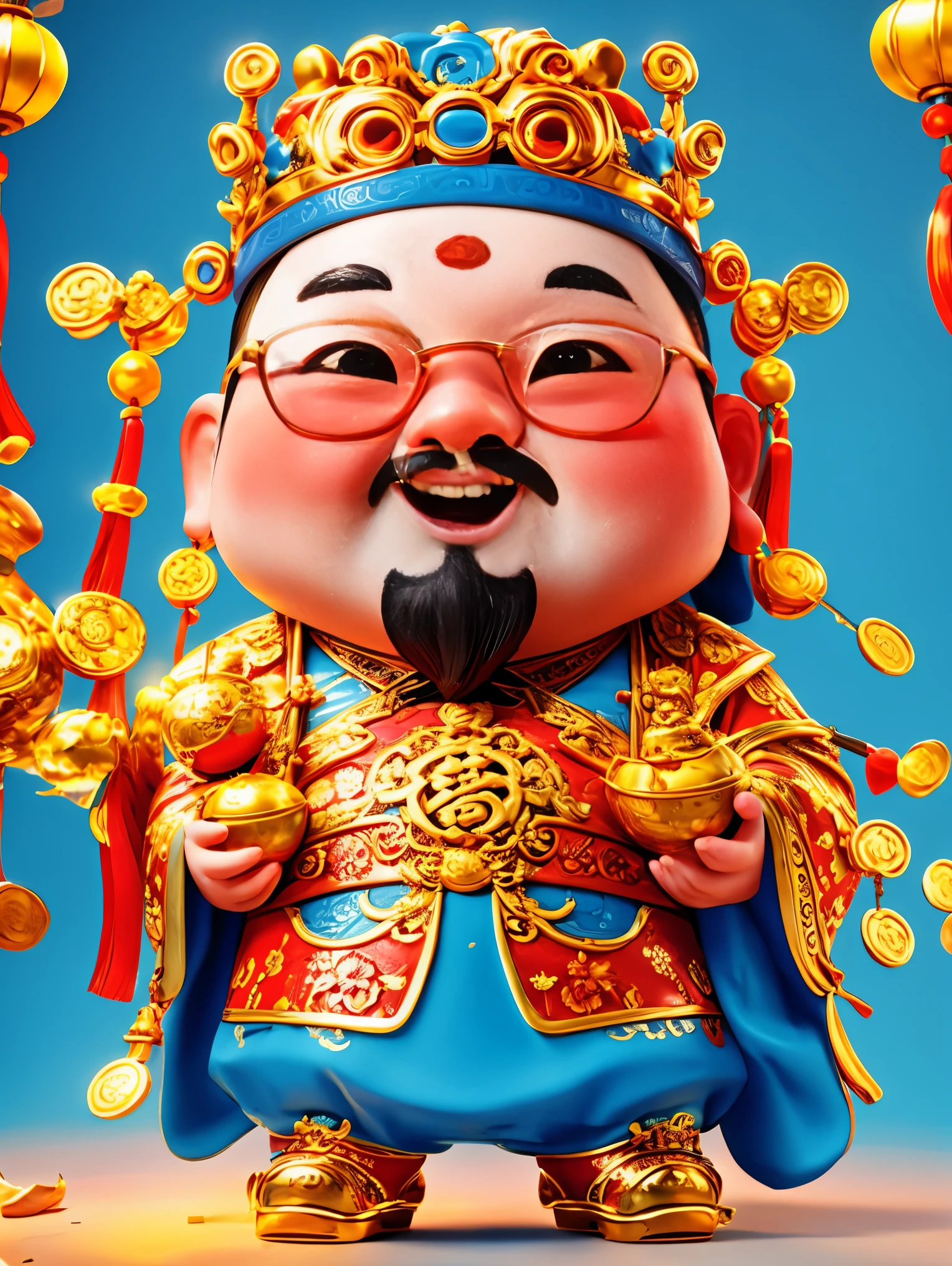 1 Cute Chinese God of Wealth，Wearing cool glasses，Pixar style，White background，whole body，(Vision 1.5) ,  (UHD, masterpiece, ccurate, anatomically correct, super detail, high quality, best quality, 8k)