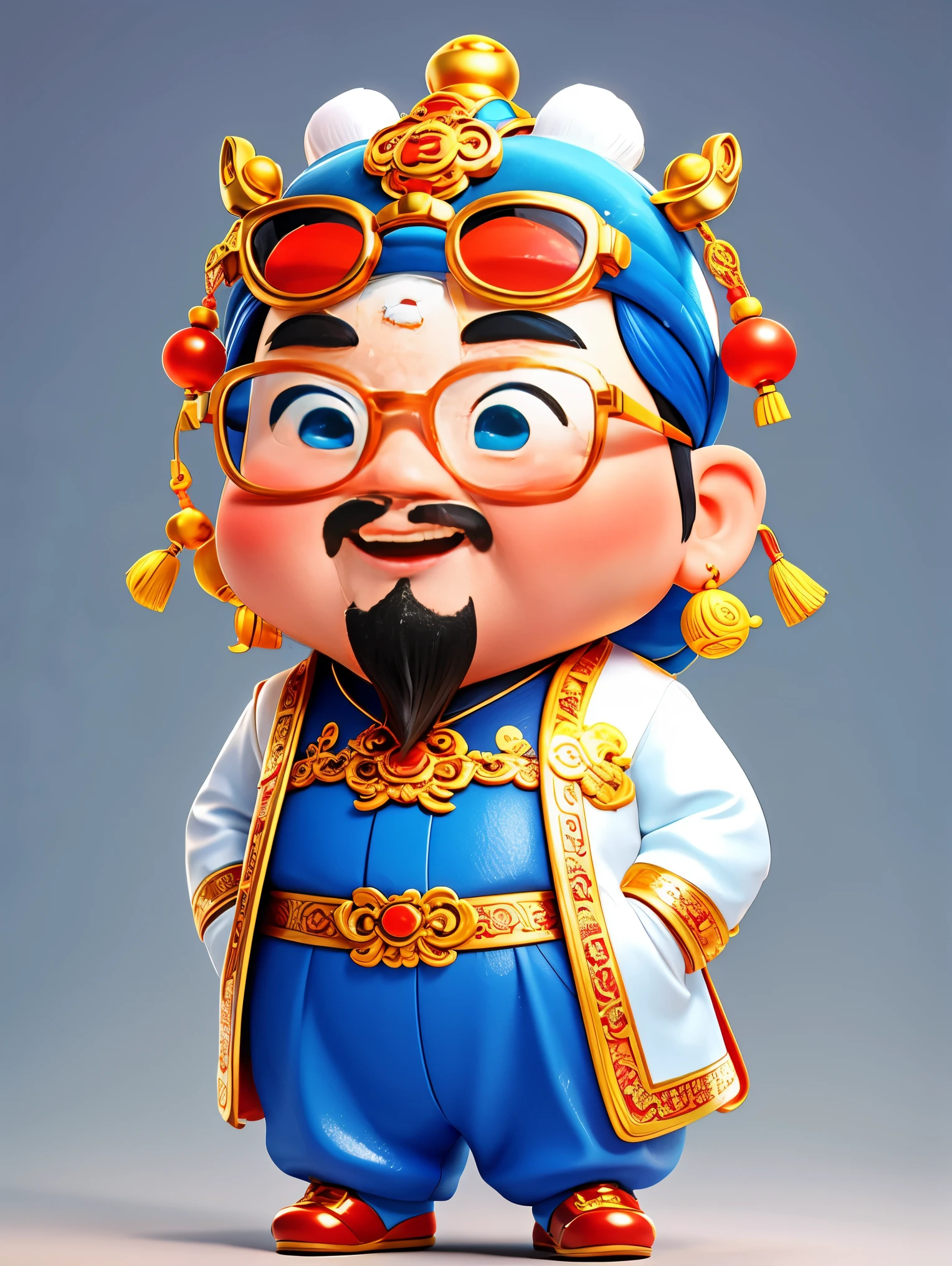 1 Cute Chinese God of Wealth，Wearing cool glasses，Pixar style，White background，whole body，(Vision 1.5）