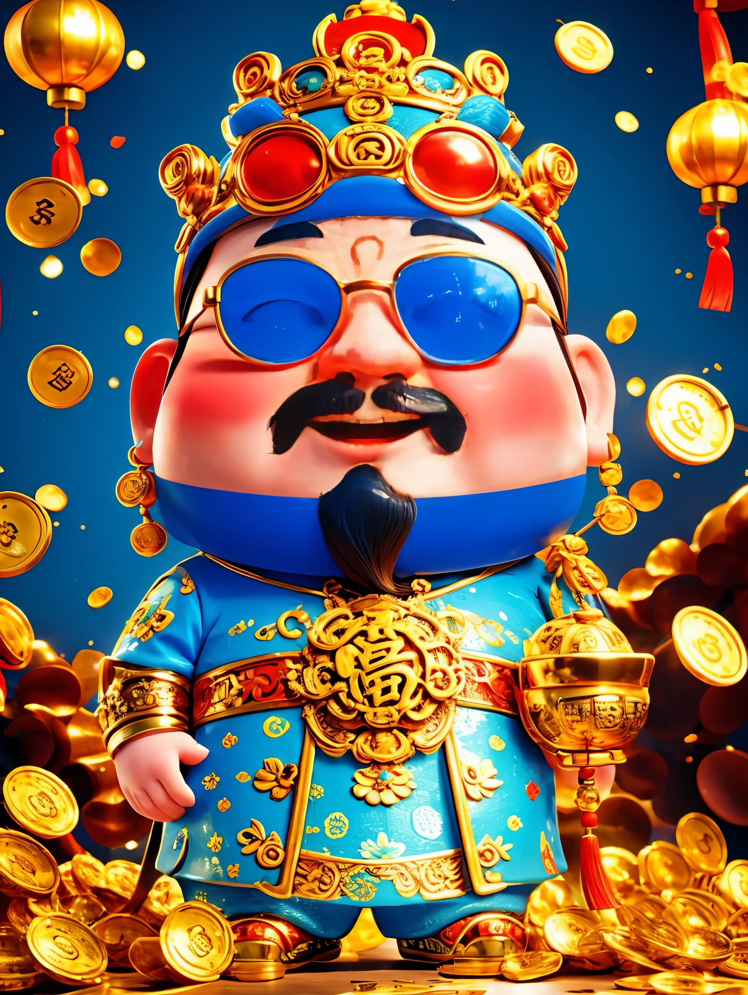 1 Cute Chinese God of Wealth, Wearing cool glasses, Pixar style, White background