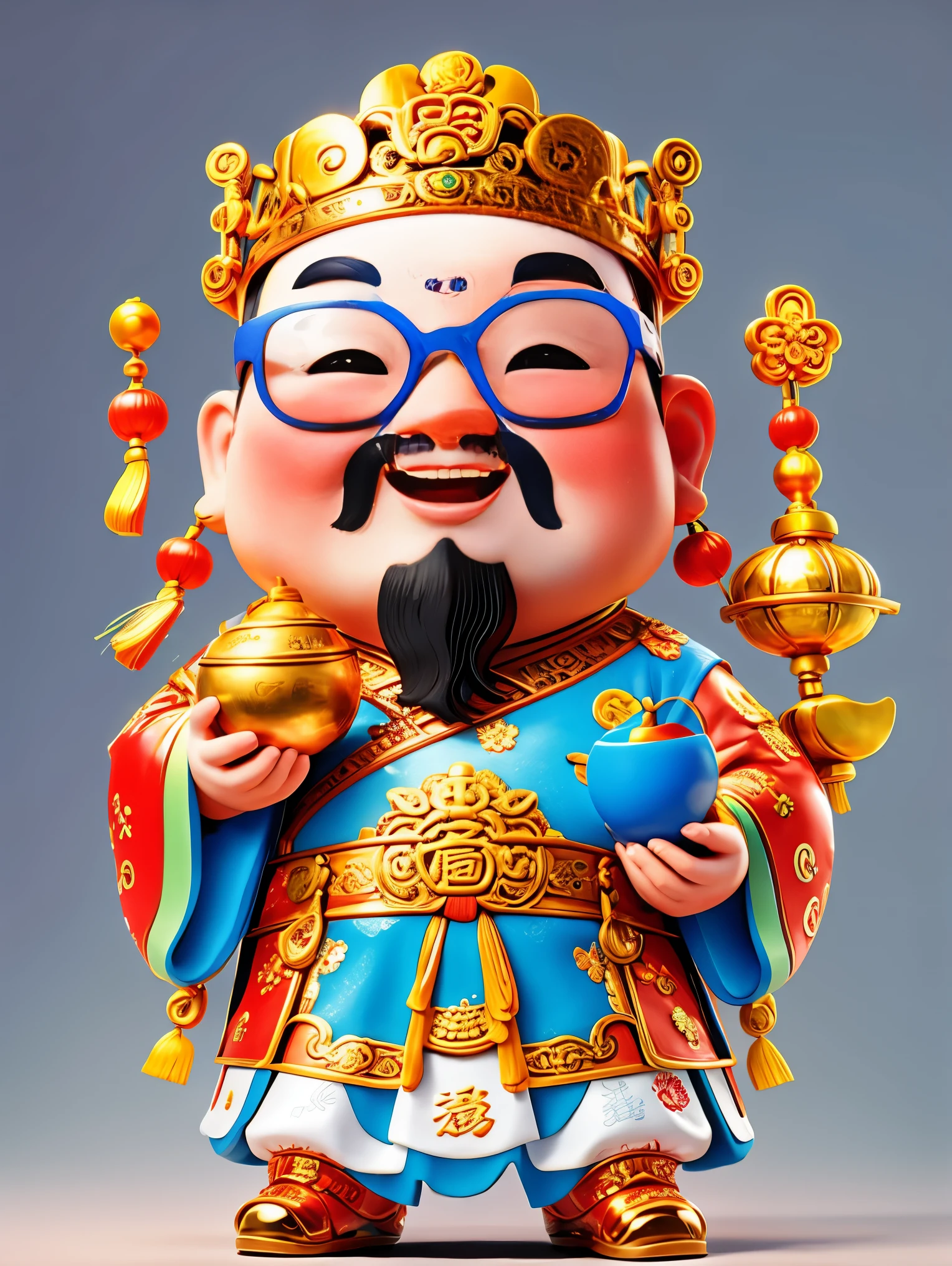 1 Cute Chinese God of Wealth, Wearing cool glasses, Pixar style, White background