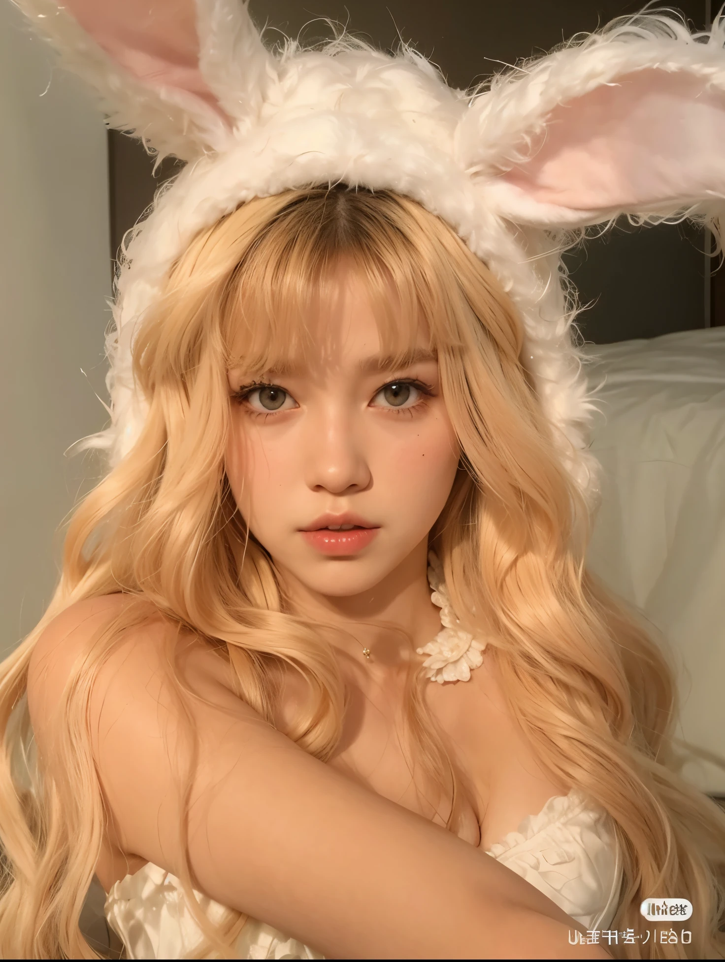 un primer plano de una mujer que llevaba un sombrero de conejito y un disfraz de conejito, ultrarealistic sweet conejita, with long, floppy rabbit ears, con el pelo largo y blanco, con pelo largo y blanco, chica perfecta de pelo blanco, conejita, con orejas de conejo, con grandes orejas de conejo, chica anime en la vida real, Anime Girl Cosplay, barbie anime en blanco, con orejas de conejo