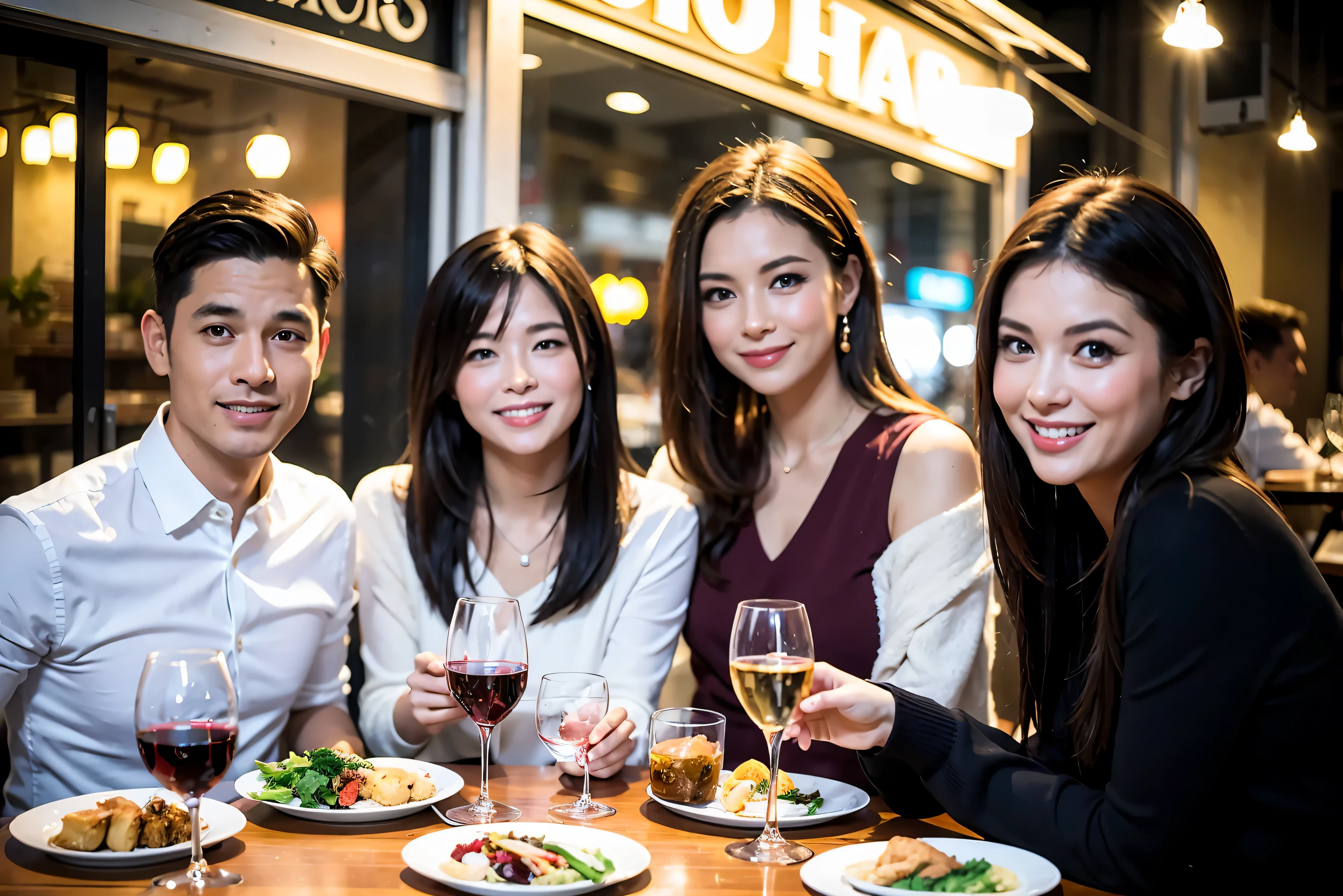 64k, UHD, highest quality, masterpiece: 1.2), (realistic, photorealistic: 1.37), Super detailed, celebration party、beauty、beautiful mature woman、3 women who love wine、three men、champagne、sparkling wine、winter night、restaurantでワイン宴会、(slimな男女4名),(Wine party for 5 people)、(slimフェイス),Happy、 最高なsmile、Fox Face、Berry Short、(because I&#39;thin), (brown hair), (shortcut), long sleeve shirt、winter fashion、Japanese、Dutch、German、Portuguese、Belgian、Italian、french, (gushing), (slimボティ), (brown hair), (shortcut), 端正なbeauty、cheeks blush a little, (34 years old), 38 years old,32 years old、40 years old、 A beautiful and detailed night view spreads out outside the window......, restaurant, wine glassが座っている, At night, in a prominent place (from the Upper body) nova frog style, actress, model, Upper body, White wine, slim, wine glass, Very beautiful night view, wine glass Put in the Middle, Happy smile, (smile: 1.15), 