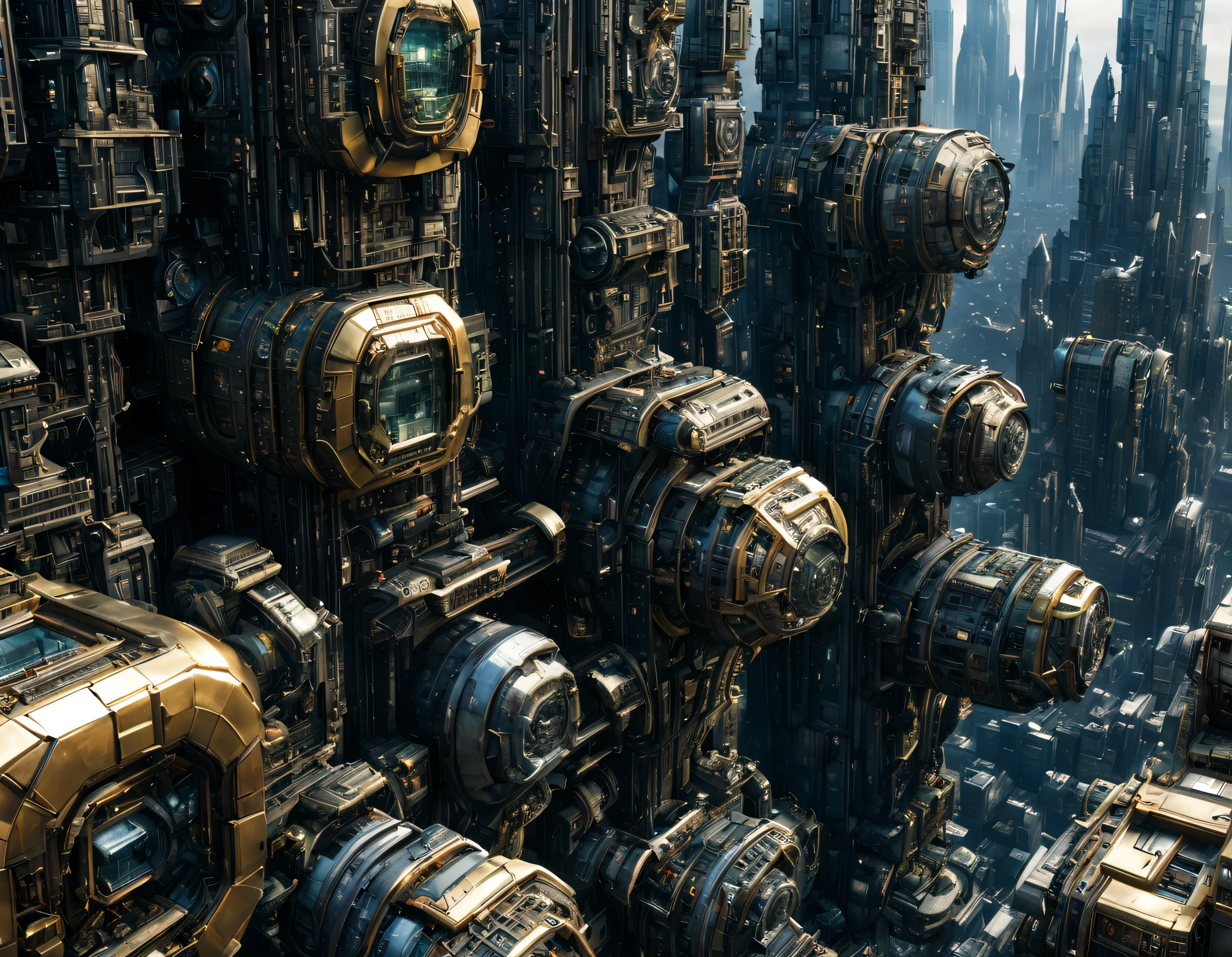 megacity, megalopolis of an imaginary world of science fiction and maximum fantasy, con inmensos edificios ovalados y dodecaedricos agrupados de metal y cristal donde predomina el oro. imagen bien definida 8k, (intrincados detalles de la maquina), con muchos edificios juntos.(obra maestra de superior calidad).(imagen fotorrealista), nitidez absoluta hasta el fondo.