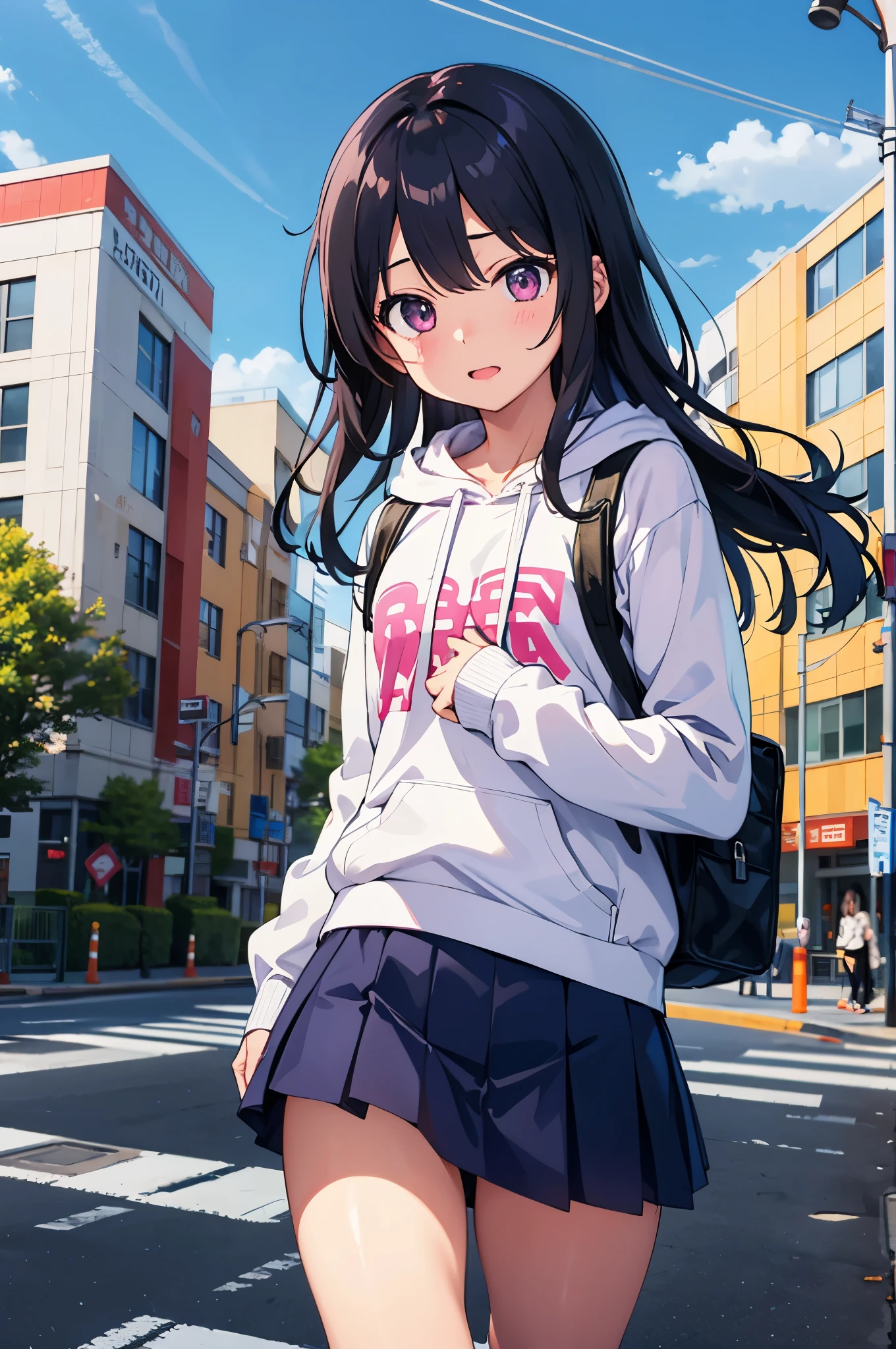 City crossroads Asphalt roads in front of the crosswalk elementary school girl 8-year-old flat chest black hair long hair eyes are purple ((1 person)) Hooded hoodie with upper body pink Lower body navy blue mini skirt white panties white socks sports boots daytime walking at a crosswalk((スカートがめくれてwhite pantiesが見える)) dynamic angle from the front Super low angle from the feet