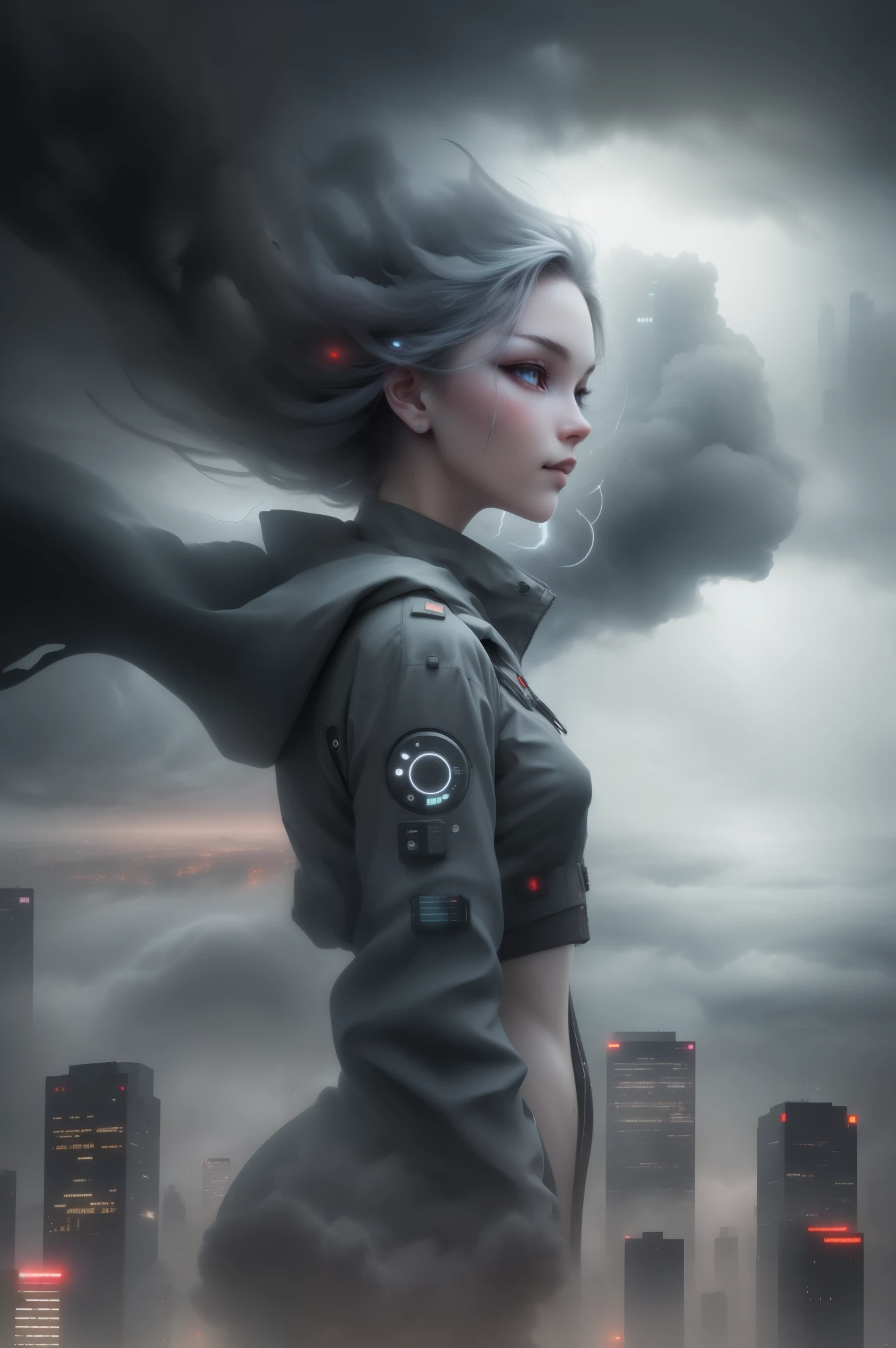 cyberpunk [foggy Cityscape in the distance : very beautiful girl, City:0.33] Immerse yourself in the immense wind current, Living in thunderstorm clouds, Behind the cloud, (double contact:1.3), Photo by Brandon Wolfermüster, surreal dream, Gray atmosphere, rainy day, Dynamic, right to use, human development report