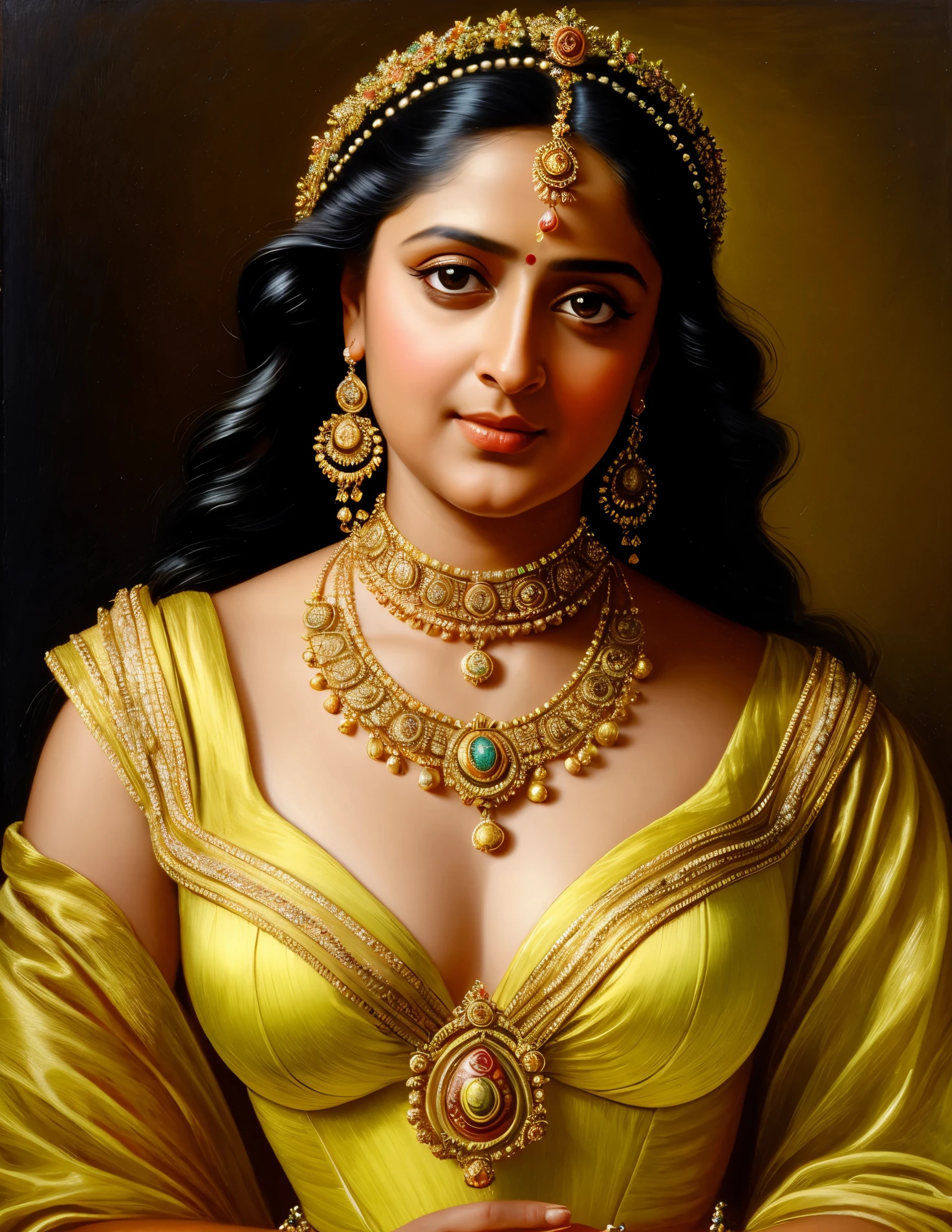 Looks like Anushka Shetty, Masterpiece, Best quality, high clarity eyes, beautifully styled hair, critically flawless,sharp picture, Full portrait, High pixels, perfect face, perfect eyes, beautiful face, perfect hands,perfect fingers, in Peter Paul Rubens style, by Peter Paul Rubens, baroque style, acrylic on canvas, highly detailed, description: "Create a nymph inspired by the tales of Greek or Roman mythology, embodying the essence of a natural element or location, and possessing a unique ability or trait that sets her apart."