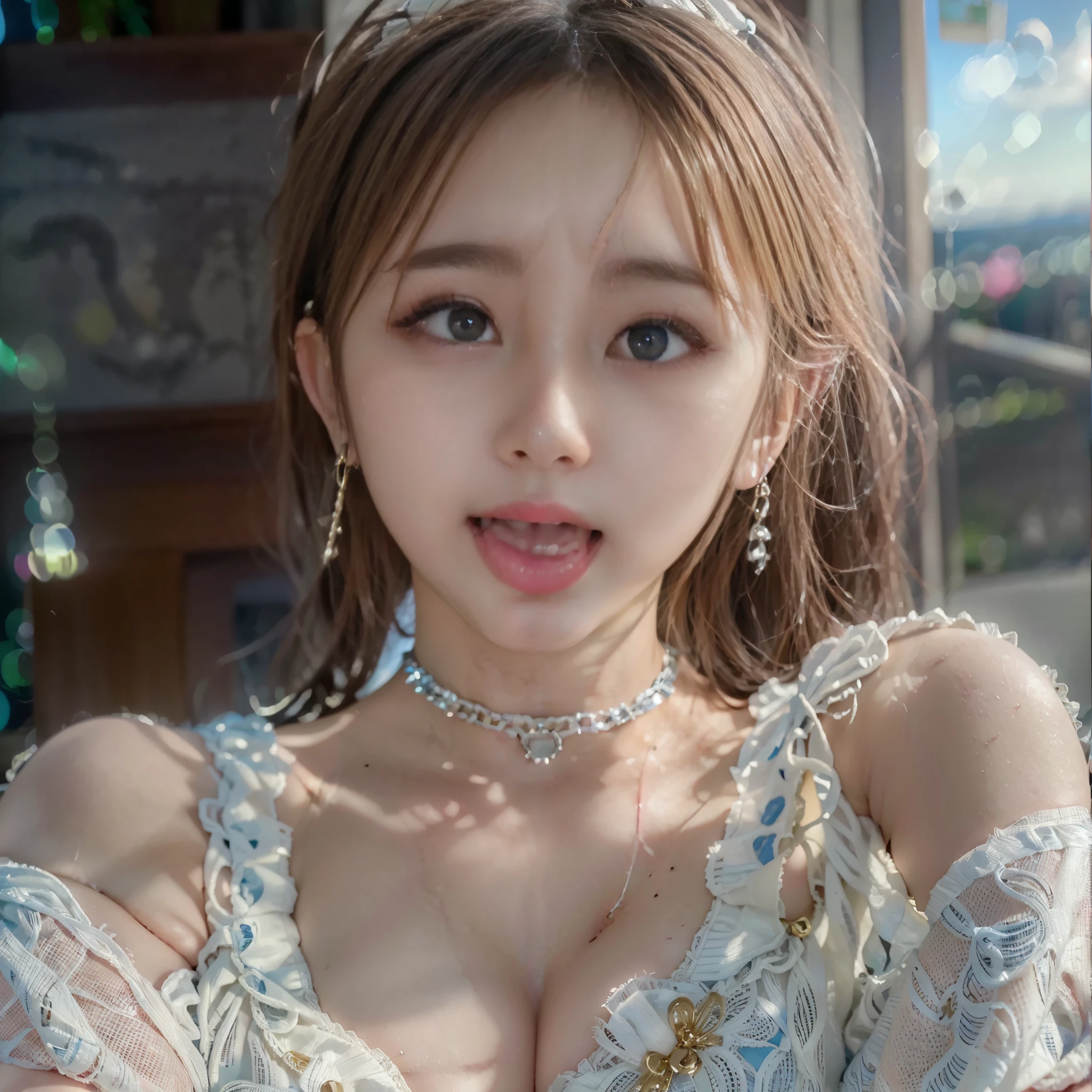 (realistic、Like a photograph、live action、8K, Photoreal, RAW photo, best image quality: 1.4), RAW photo, highest quality, realistic, Highly detailed CG Unity 8K wallpaper, Depth of written boundary, cinematic light, Lens flare, ray tracing, (very beautiful face, beautiful lips, beautiful eyes), (succubus:1.3、sexy costume:1.1,abs:1.2)、(big breasts、emphasize the chest:1.1)、face with intricate details, ((super dense skin))、 1 girl,cute japanese girl、japanese idol、(looking at the viewer)、((full body shot:1.1))、random hairstyle:1.2、cleavage:1.2、i like the style、Snazzy、super detail face、pay attention to details、bun hair、hair arrangement、earrings、necklace、Highly detailed and professional illuminated smile、perfect costume、(white skin)、(I can see the whole body)