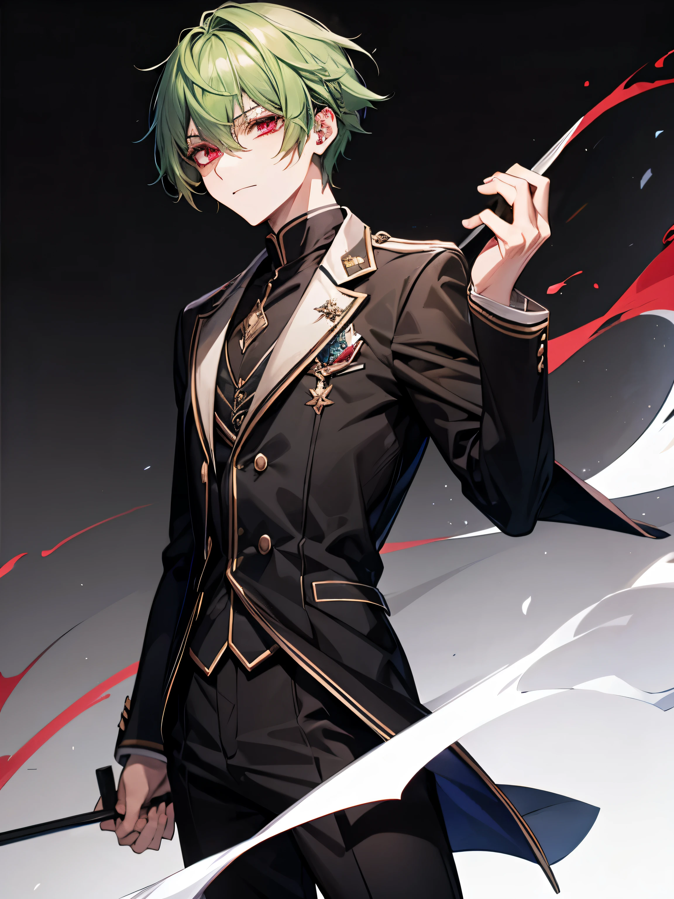 green hair, red eyes, mysterious, wizard academy, black academy uniform, cool, male, white background