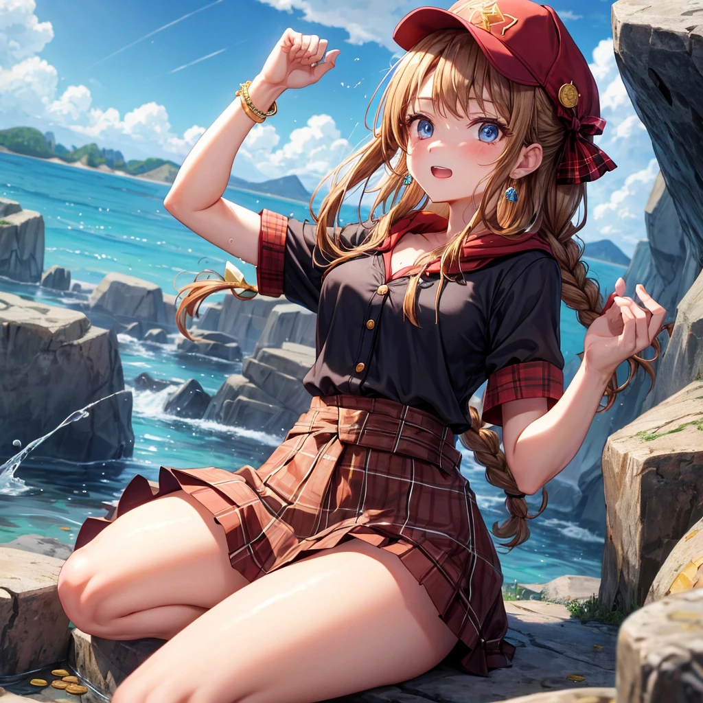 reddish-brown blonde、blue eyes、Braid、ponytail、one good looking girl、solo、anime、Plaid miniskirt、the skirt has buttons、camisole、black t-shirt、dress、Doing the ribbon、Ribbon at waist、cloak、Crystal Grotto、hood、desert、clouds are swirling、stone slabs are piled up、One hand is raised、Wearing a baseball cap 、crystal earrings、sun、sitting、gold coins are falling、teeth are visible、splash of water
