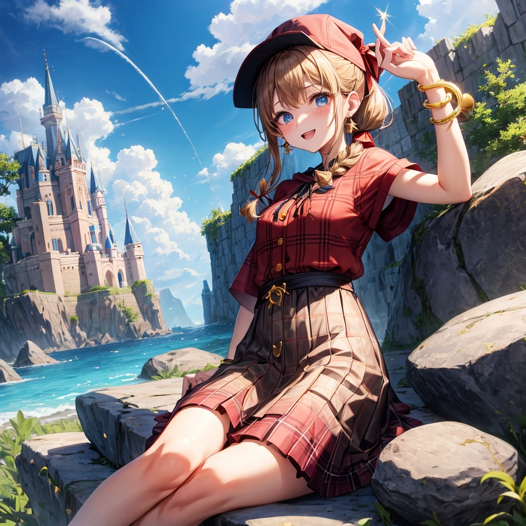 reddish-brown blonde、blue eyes、Braid、ponytail、one good looking girl、solo、anime、Plaid miniskirt、the skirt has buttons、camisole、black t-shirt、dress、Doing the ribbon、Ribbon at waist、cloak、Crystal Grotto、hood、desert、clouds are swirling、stone slabs are piled up、One hand is raised、Wearing a baseball cap 、crystal earrings、sun、sitting、gold coins are falling、teeth are visible、splash of water、monster castle