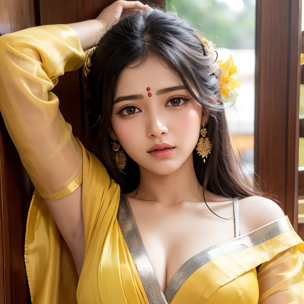 Big breast cleavage long hair saree