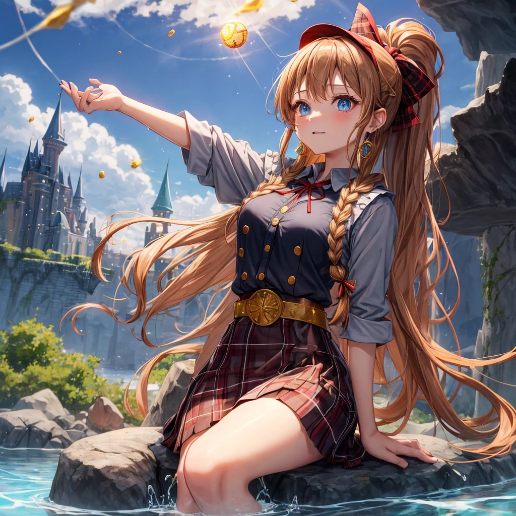 reddish-brown blonde、blue eyes、Braid、ponytail、one good looking girl、solo、anime、Plaid miniskirt、the skirt has buttons、camisole、black t-shirt、dress、Doing the ribbon、Ribbon at waist、cloak、Crystal Grotto、hood、desert、clouds are swirling、stone slabs are piled up、One hand is raised、Wearing a baseball cap 、crystal earrings、sun、sitting、gold coins are falling、teeth are visible、splash of water、monster castle