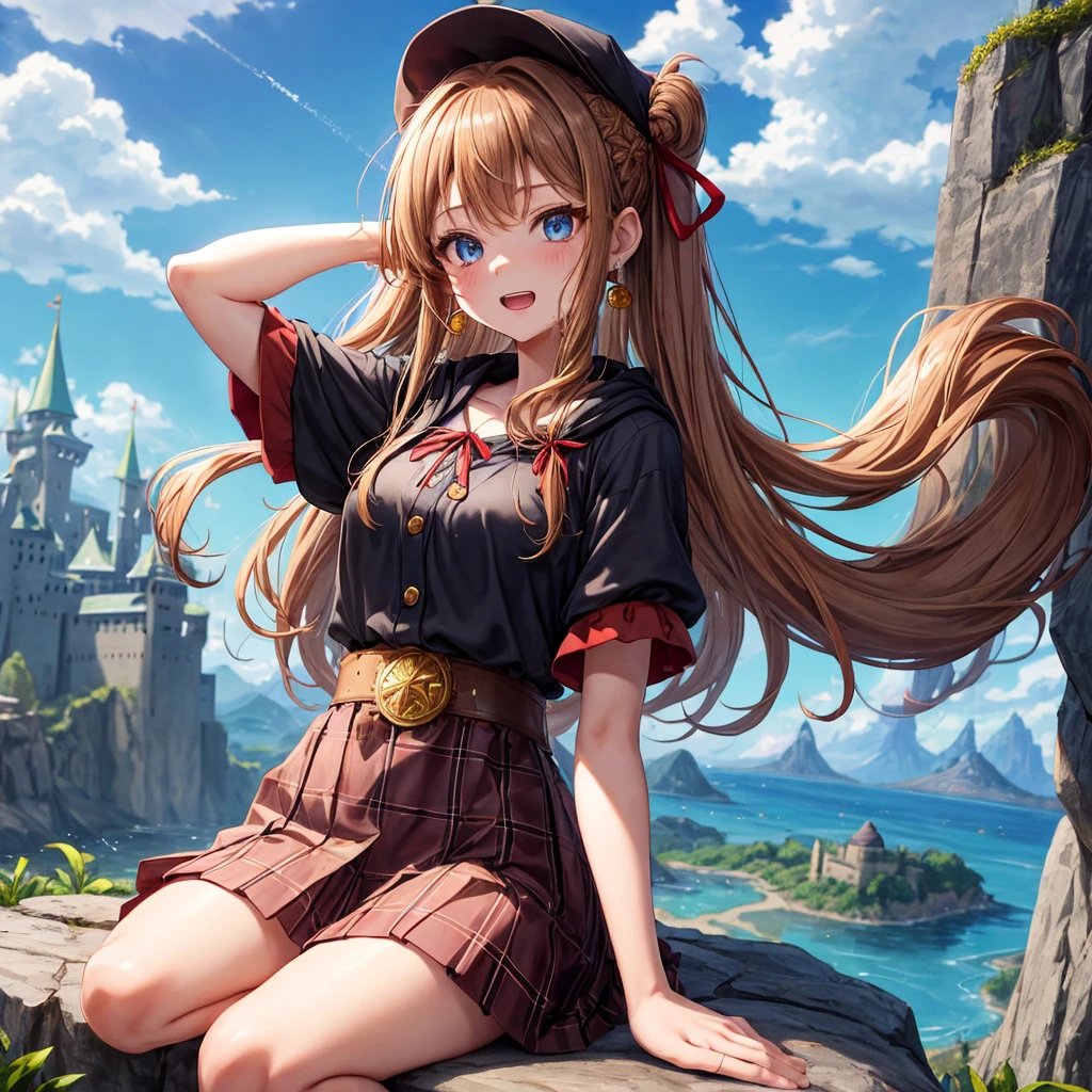 reddish-brown blonde、blue eyes、Braid、ponytail、one good looking girl、solo、anime、Plaid miniskirt、the skirt has buttons、camisole、black t-shirt、dress、Doing the ribbon、Ribbon at waist、cloak、Crystal Grotto、hood、desert、clouds are swirling、stone slabs are piled up、One hand is raised、Wearing a baseball cap 、crystal earrings、sun、sitting、gold coins are falling、teeth are visible、splash of water、monster castle