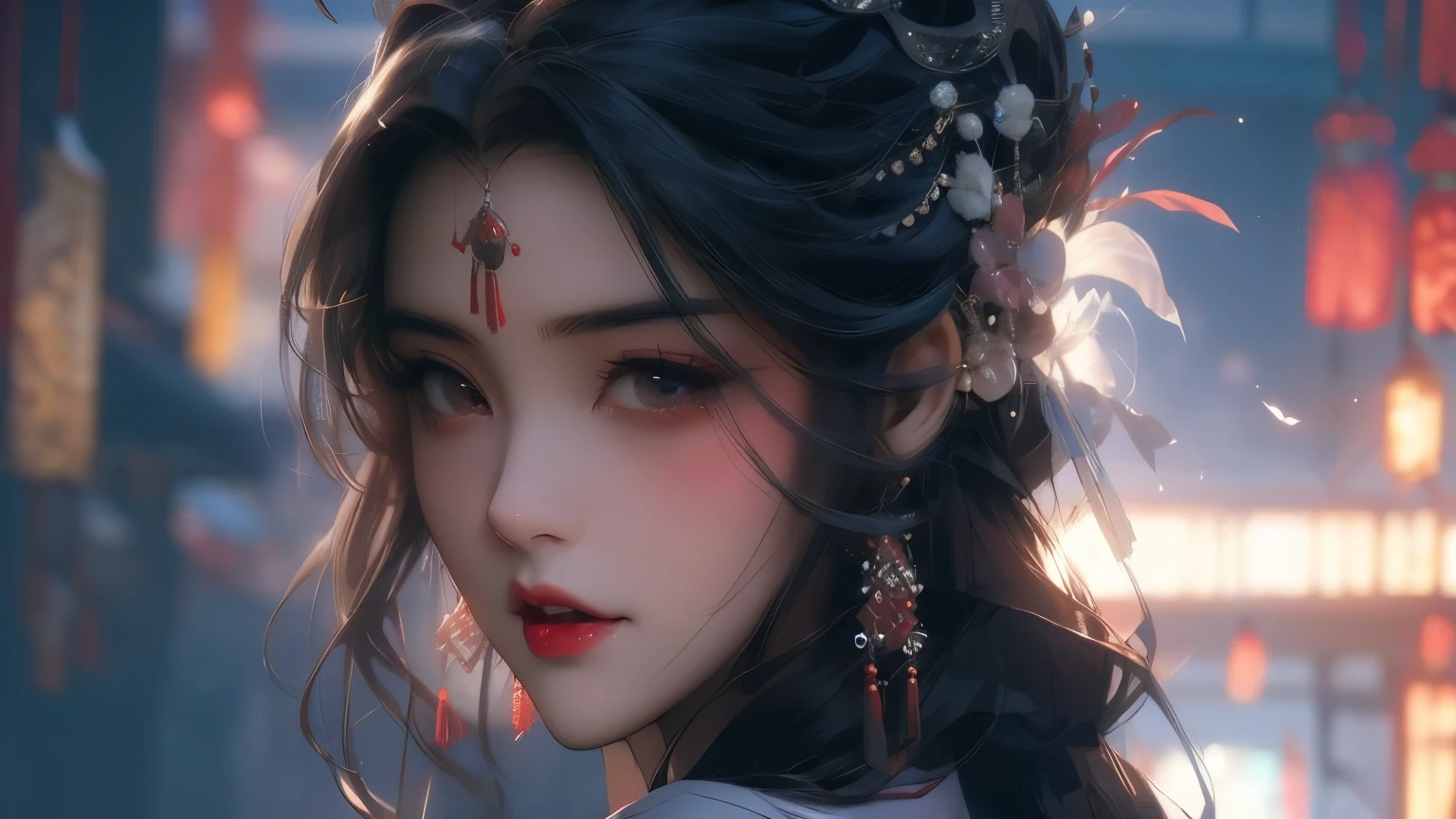 Hakurei Reimu,dream,magic,Beautiful,high quality,8k,Intellectual beauty,very detailed,Exquisite headdress,lace,snow,fantasy art,Peaceful nights,cyberpunk