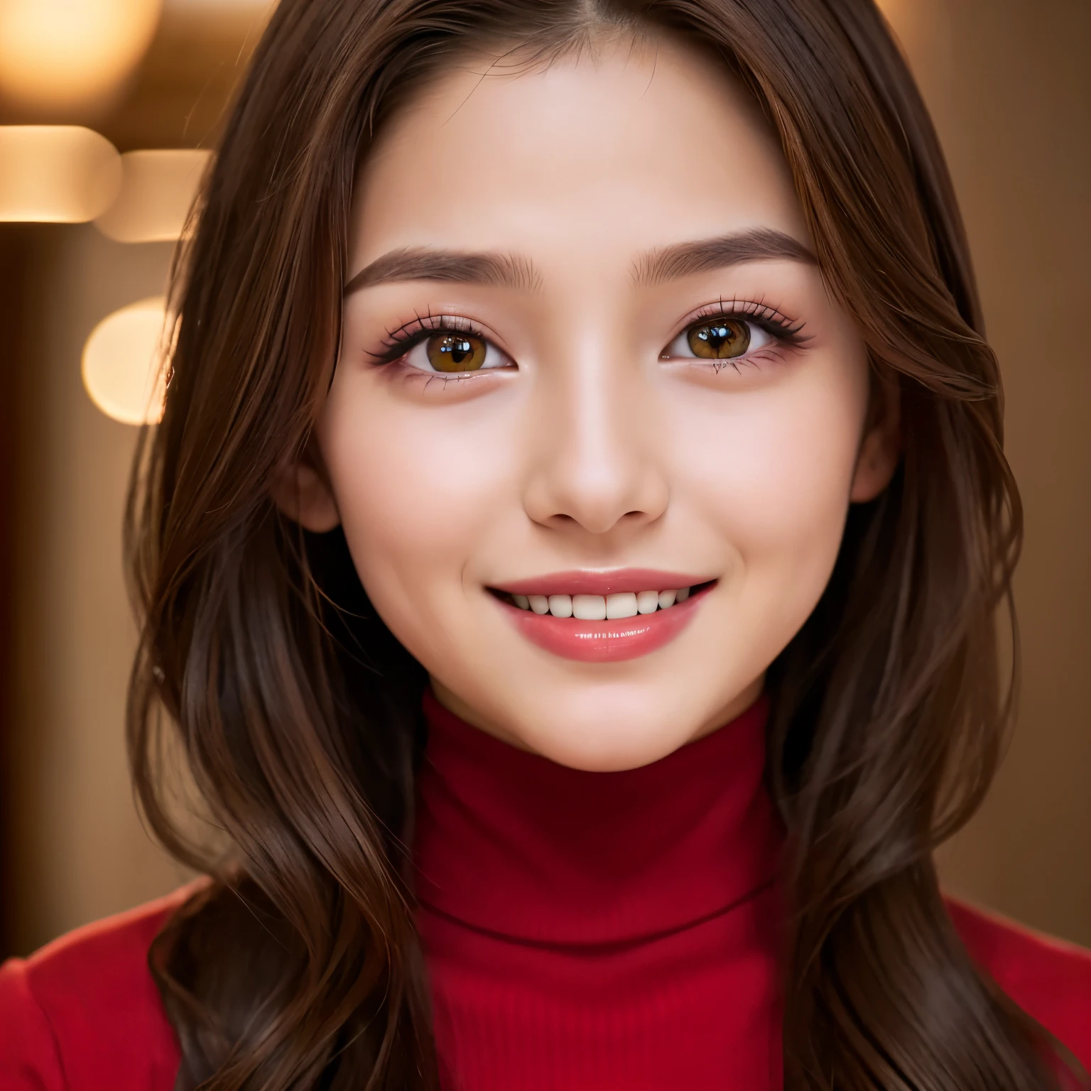 (highest quality、table top、8K、best image quality、Award-winning work)、(1 very young 8 year old girl:1.3)、(Perfect turtleneck red long knit sweater:1.2)、(red eyeshadow:1.2)、perfect makeup、long eyelashes、Super high-definition sparkling eyes、ultra high definition hair、ultra high resolution glossy lips、Super high resolution perfect teeth、Super high resolution cute face、Ultra high definition perfect teeth、brown hair、(elegant wavy hair:1.1)、look at me and smile、(accurate anatomy:1.1)、(close up of face:1.5)、Luxury love hotel、(The most moody warm lighting:1.2)、blurred background