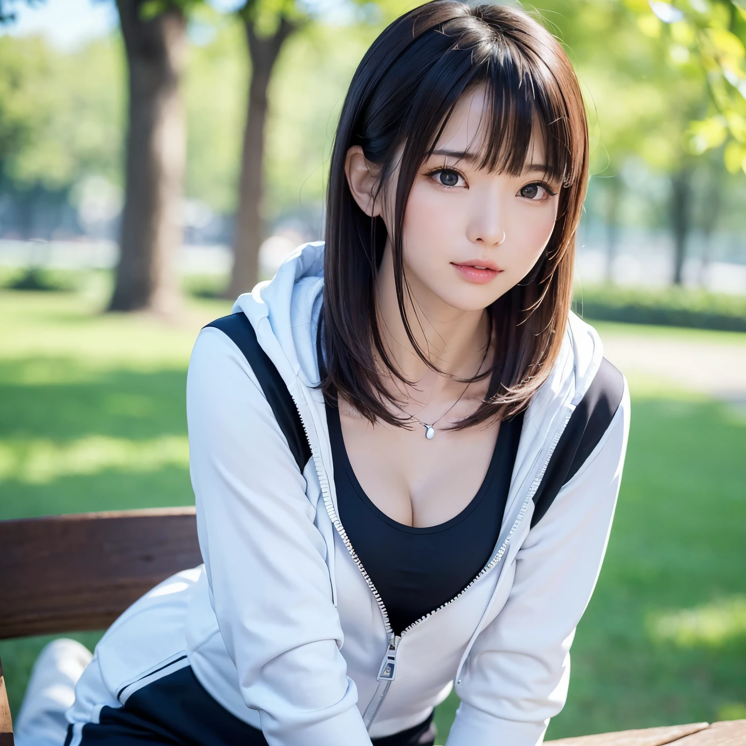 (highest quality、table top、8K、best image quality、Award-winning work)、one beautiful woman、Shining beautiful skin、(white and black tracksuit:1.2)、(The jersey has its zipper wide open, revealing a small cleavage.:1.3)、(the most stylish perfect tracksuit:1.1)、Shining ultra-high definition skin、(accurate anatomy:1.1)、A gentle smile looking at me、(photo from the chest up:1.1)、(close up of face:1.25)、Standing gracefully、(Blurry park background:1.2)、portrait photography、(draw softly and smoothly:1.1)、(very bright and vivid:1.2)、very romantic、光を受けてShining beautiful skin、(very bright and refreshing:1.1)、(the most detailed and perfect face:1.1)、(most detailed glowing eyes:1.1)、(beautiful and moisturized skin:1.1)