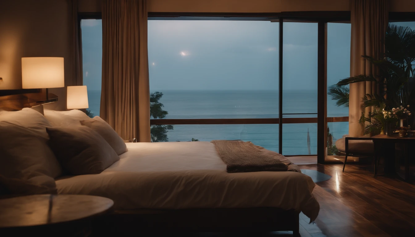 it's raining outside、Villa with sea view、big bed in the room、You can see the rainy sea outside from the big bed.