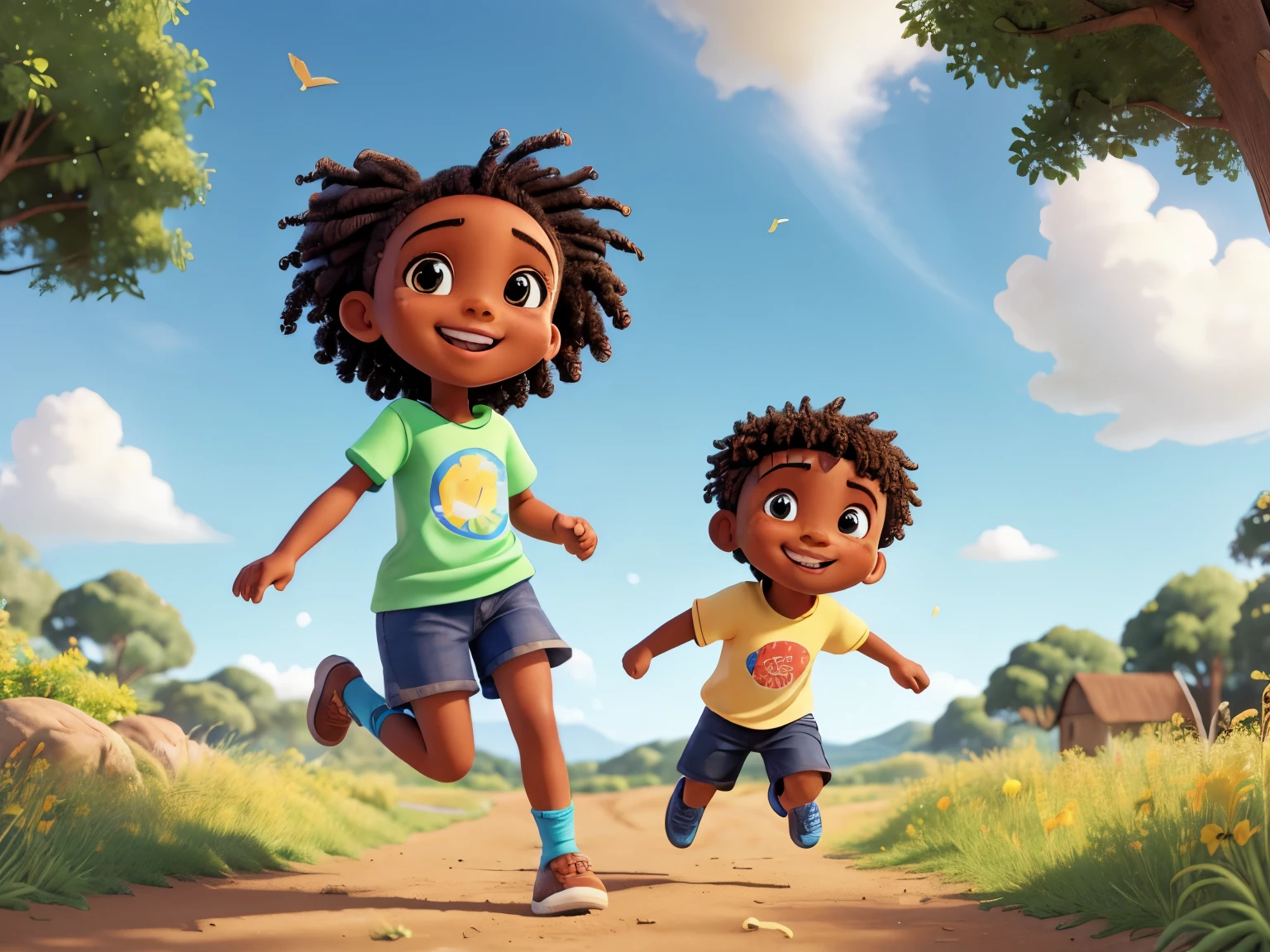 (best quality,highres),detailed portrait,Afican American boy and girl,running,joyful expression,blue eyes,windblown hair,smiling faces,freedom and happiness,beautiful outdoors scenery,flowing grass,clear blue sky,lush green trees,laughter and giggles,freckles on their cheeks,energetic movement,streaks of sunlight,shadows and highlights,playful interaction,innocence and youth,inspiring and lively atmosphere,colorful clothing,positive energy,blissful memories,vivid colors,summer day's warmth,unconditional love and friendship.