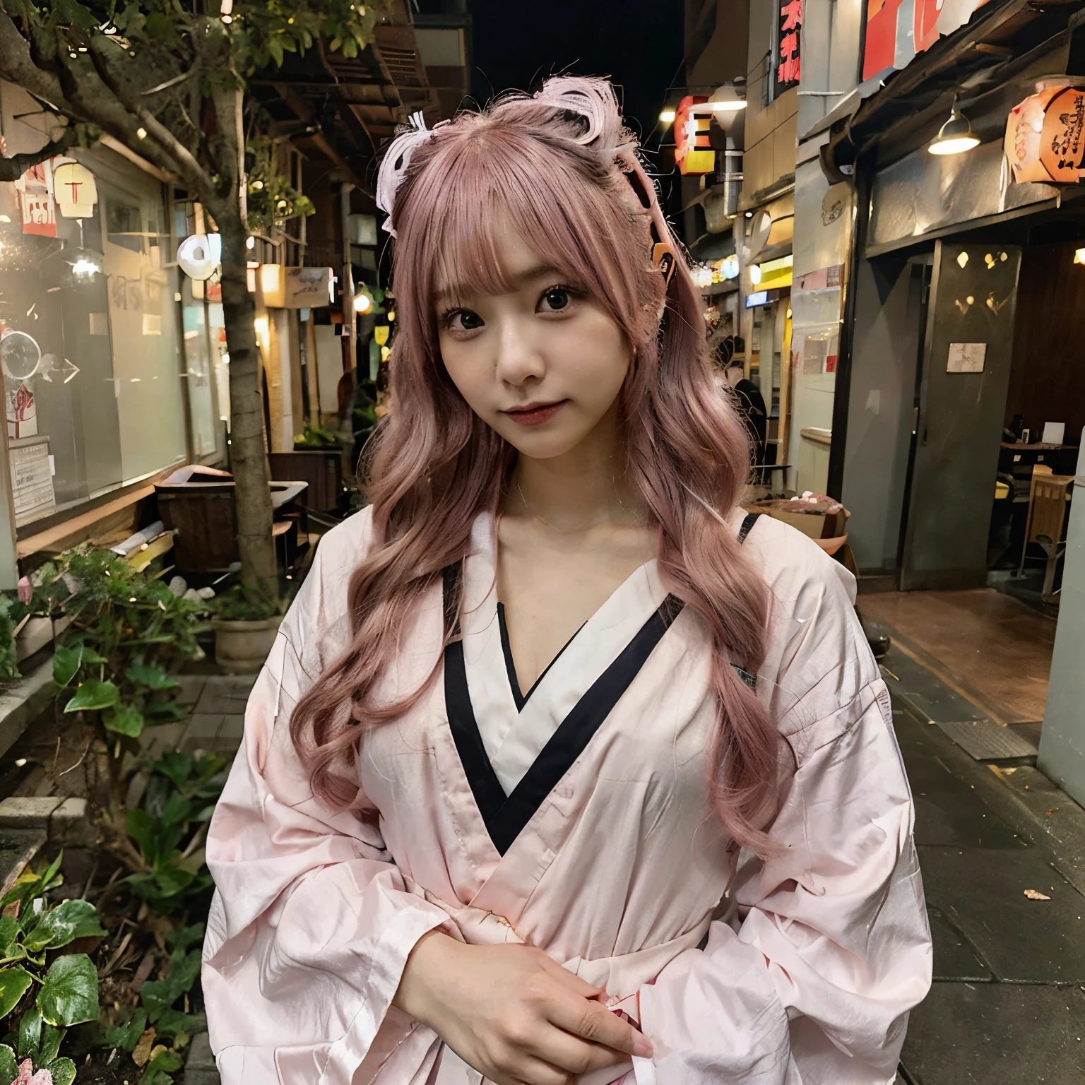 Araffe girl with pink hair and a pink dress standing in a narrow ...