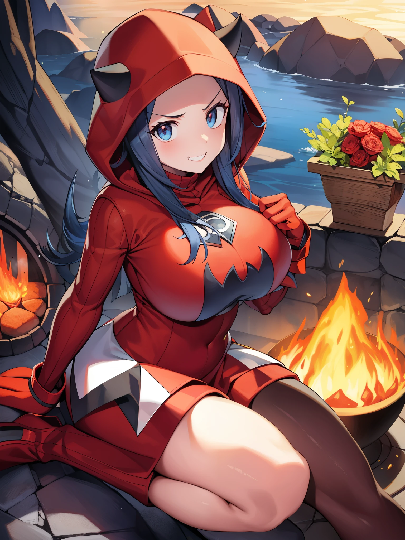 masterpiece、highest quality、big tits milf、big tits milf、Pokémon、Team Magma、volcanoes、lava、desert、dry world、Team Magma下っ端、Groudon、dry up the sea water、Aim to increase land area、Small devil、devil&#39;s wings、devil&#39;s tail、devil&#39;s horns、pkmntmg、fake horns、hoodie、Red shorts、gloves、red boots、From the side、sitting、grin、look at viewer、big breasts