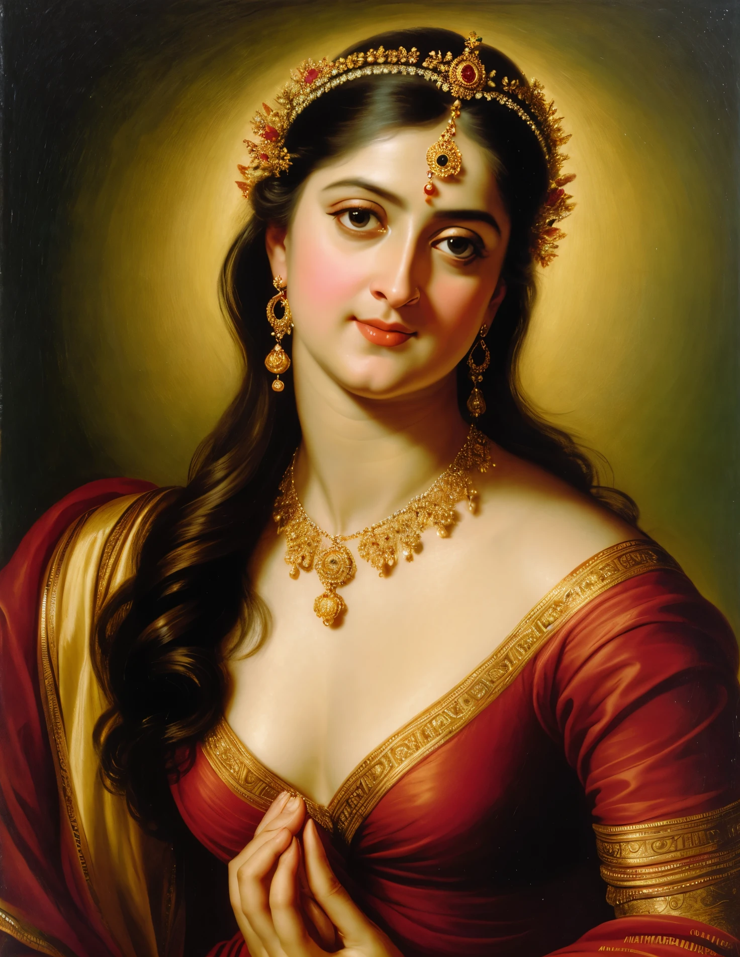Looks like Anushka Shetty, Masterpiece, Best quality, high clarity eyes, beautifully styled hair, critically flawless,sharp picture, Full portrait, High pixels, perfect face, perfect eyes, beautiful face, perfect hands,perfect fingers, in Peter Paul Rubens style, by Peter Paul Rubens, baroque style, acrylic on canvas, highly detailed, description: "Create a nymph inspired by the tales of Greek or Roman mythology, embodying the essence of a natural element or location, and possessing a unique ability or trait that sets her apart."