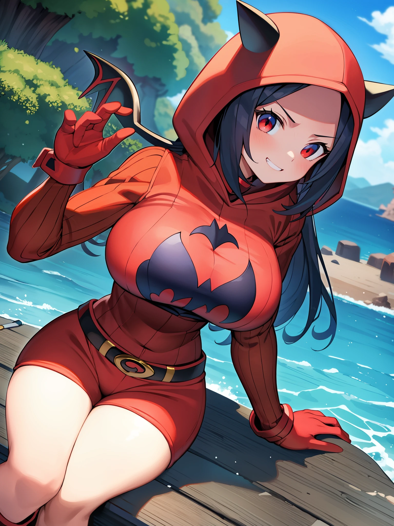 masterpiece、highest quality、big tits milf、big tits milf、Pokémon、Team Magma、volcanoes、lava、desert、dry world、Team Magma下っ端、Groudon、dry up the sea water、Aim to increase land area、Small devil、devil&#39;s wings、devil&#39;s tail、devil&#39;s horns、pkmntmg、fake horns、hoodie、Red shorts、gloves、red boots、From the side、sitting、grin、look at viewer、big breasts