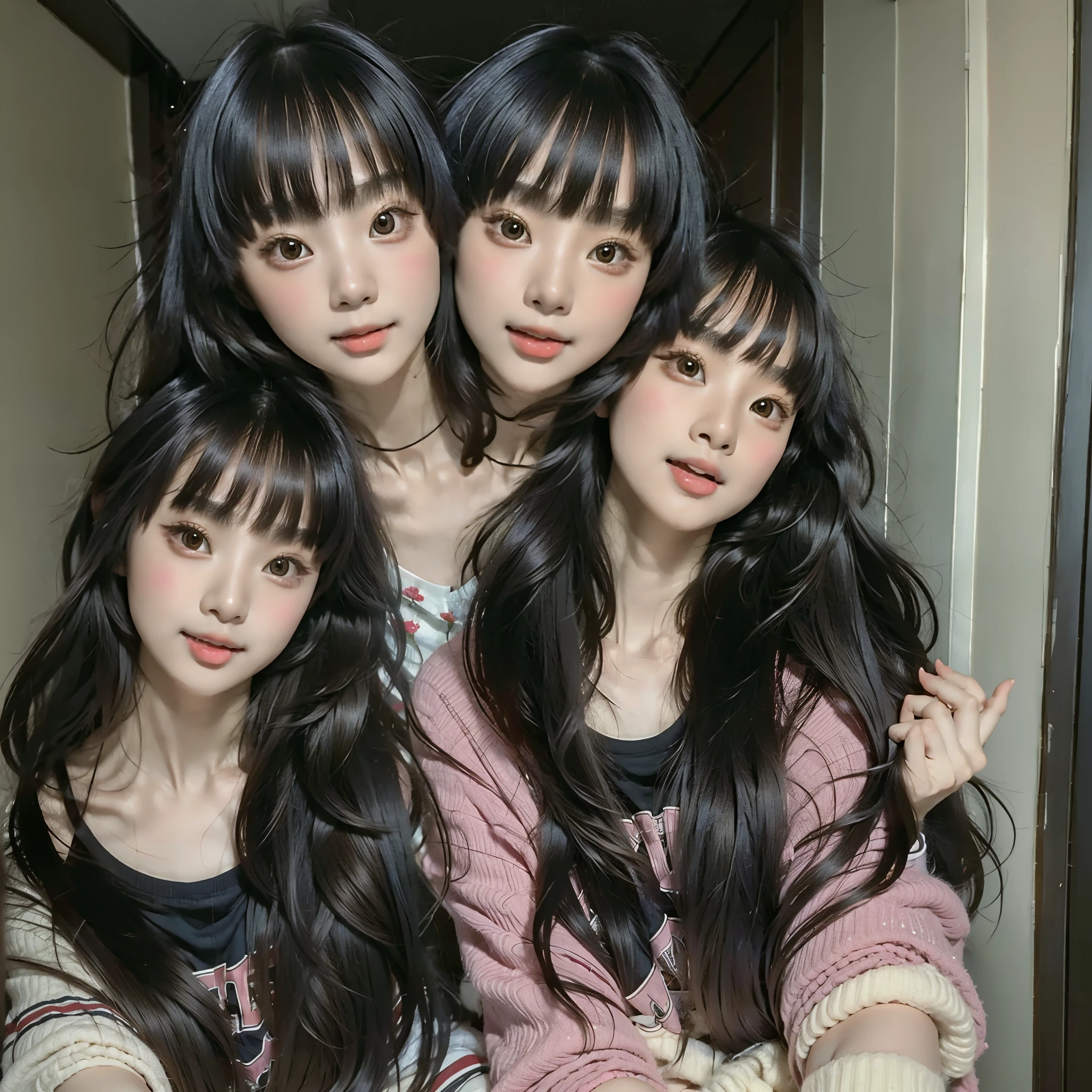 (Two heads), (masterpiece, best quality), 1girl, heads positioned next to each other, young girl, asian, posing for a picture in a room,