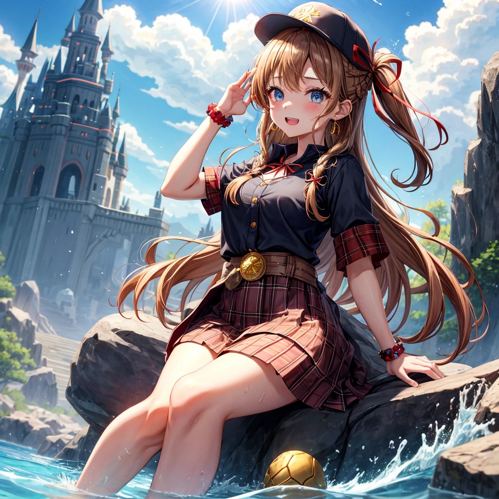 reddish-brown blonde、blue eyes、Braid、ponytail、one good looking girl、solo、anime、Plaid miniskirt、the skirt has buttons、camisole、black t-shirt、dress、Doing the ribbon、Ribbon at waist、cloak、Crystal Grotto、hood、desert、clouds are swirling、stone slabs are piled up、One hand is raised、Wearing a baseball cap 、crystal earrings、sun、sitting、gold coins are falling、teeth are visible、splash of water、monster castle
