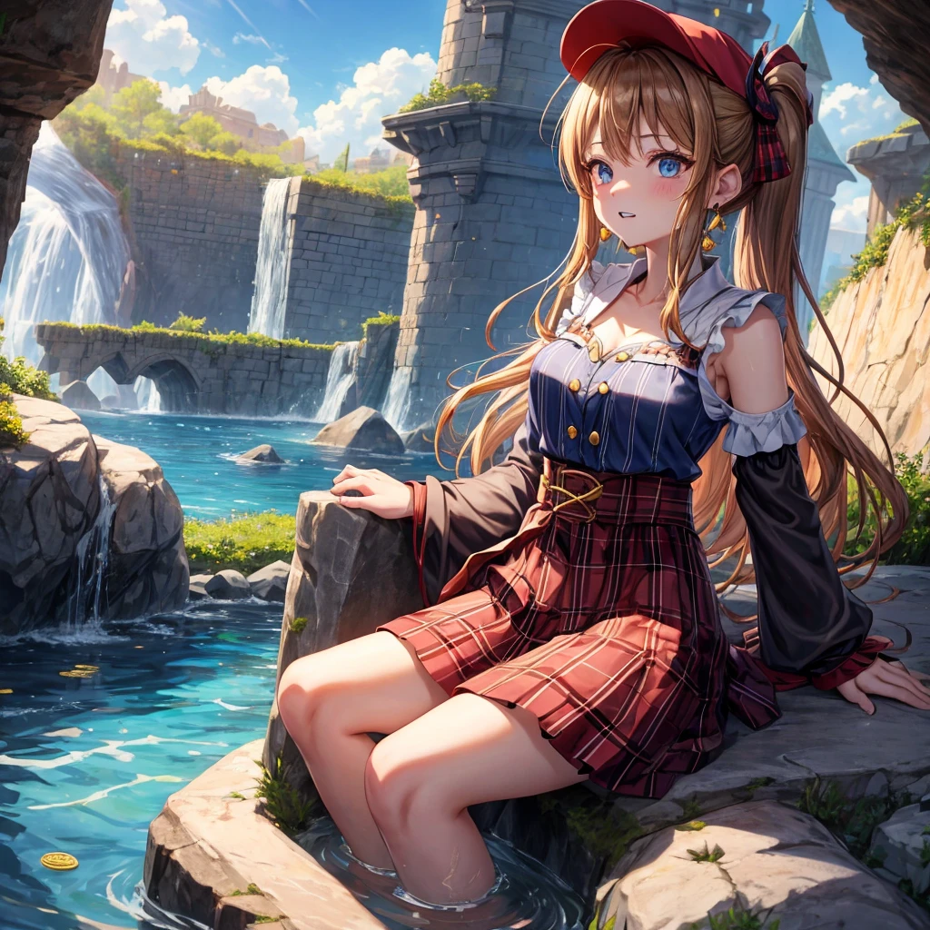 reddish-brown blonde、blue eyes、Braid、ponytail、one good looking girl、solo、anime、Plaid miniskirt、the skirt has buttons、camisole、black t-shirt、dress、Doing the ribbon、Ribbon at waist、cloak、Crystal Grotto、hood、desert、clouds are swirling、stone slabs are piled up、One hand is raised、Wearing a baseball cap 、crystal earrings、sun、sitting、gold coins are falling、teeth are visible、splash of water、monster castle