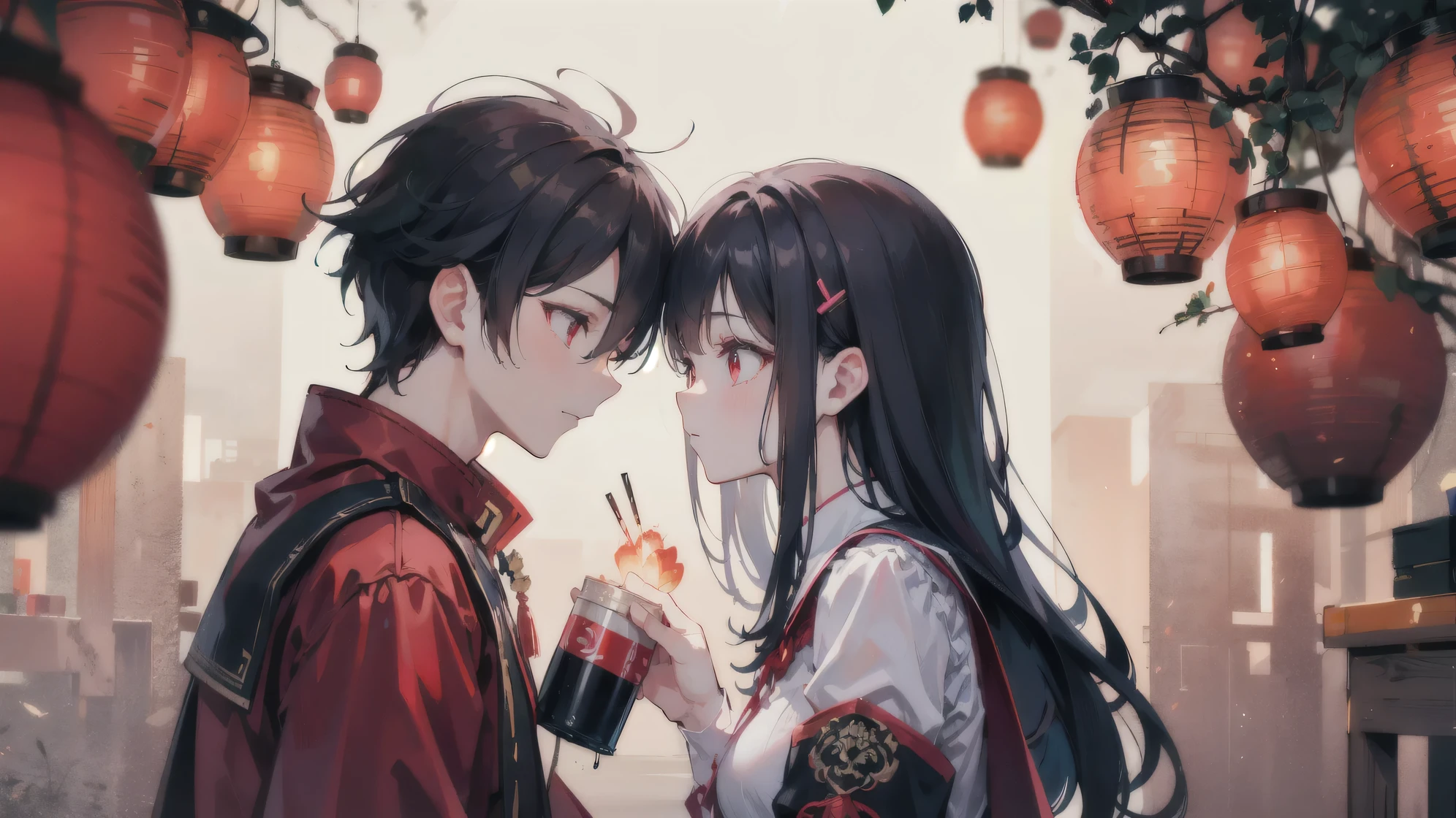 (Film portrait photography,Exquisite two-dimensional wallpaper:1.5,Romantic:1.5,Light contrast:1.4)(Soft professional lighting,35mm film)(A male and female student couple shyly confessed to each other face to face:1.5)(Spring Festival:1.5,in a deserted garden:1.6,Fireworks in the sky:1.5,Red lanterns and firecrackers:1.4)