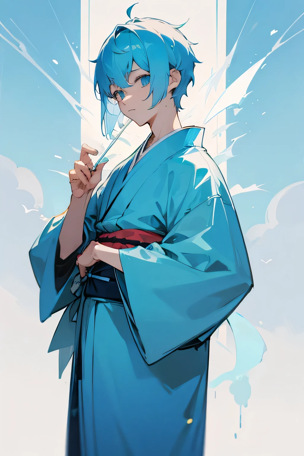 male、8head and body、light blue hair、shortcut、straight hair、light blue kimono、kimono、nice