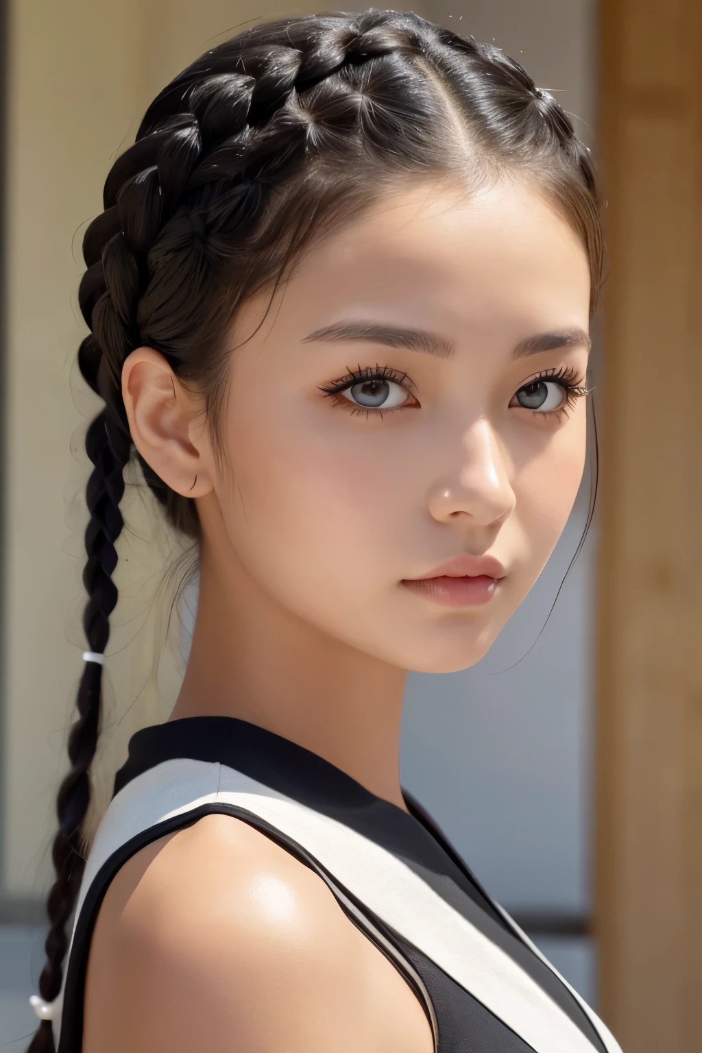 masterpiece, highest quality, very detailed, 8k, realistic, soft focus, detailed and beautiful eyes, detailed face, double eyelid, 1 girl, alone, beautiful skin, real human skin, close up shot, whole body, Beautiful and firm chest, beautiful cleavage, mature body, 18 year old girl, beautiful girl, japanese idol, (french braid:1.3), brown hair, break,(Pareo dress with a zigzag chevron motif that creates a gradation with similar white colors, pink, and fuchsia, and shines brightly),break, Smile,Position near the park with the Eiffel Tower in the background, model pose, NSFW