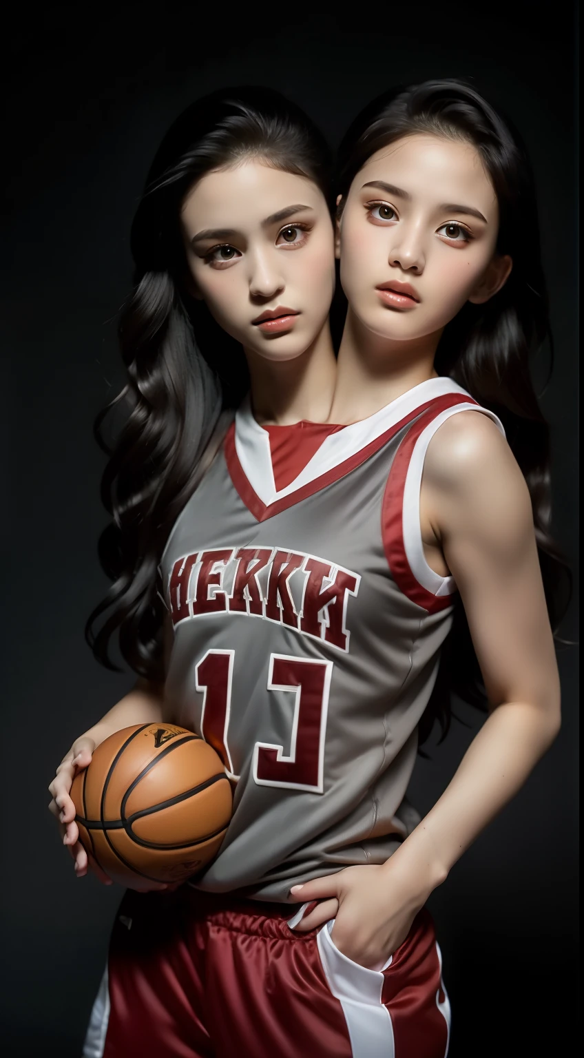 (Two heads), (masterpiece, best quality), best resolution, (2heads:1.5), 1girl,basketball,red_basketball_uniform, black_eyes, black_hair, clothes_writing_10, grey_background, holding_ball, jersey, lips, long_hair, realistic, solo,