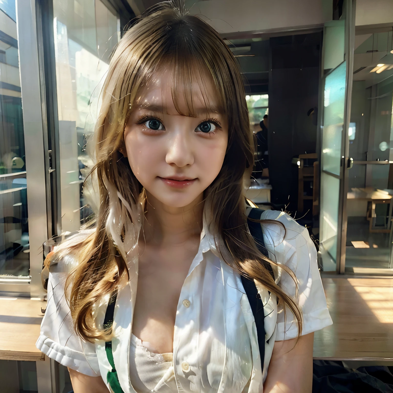 Girl, green eyes, blonde hair, japanese face, cute beautiful face, innocent, blush, sexy, school outfit, big 