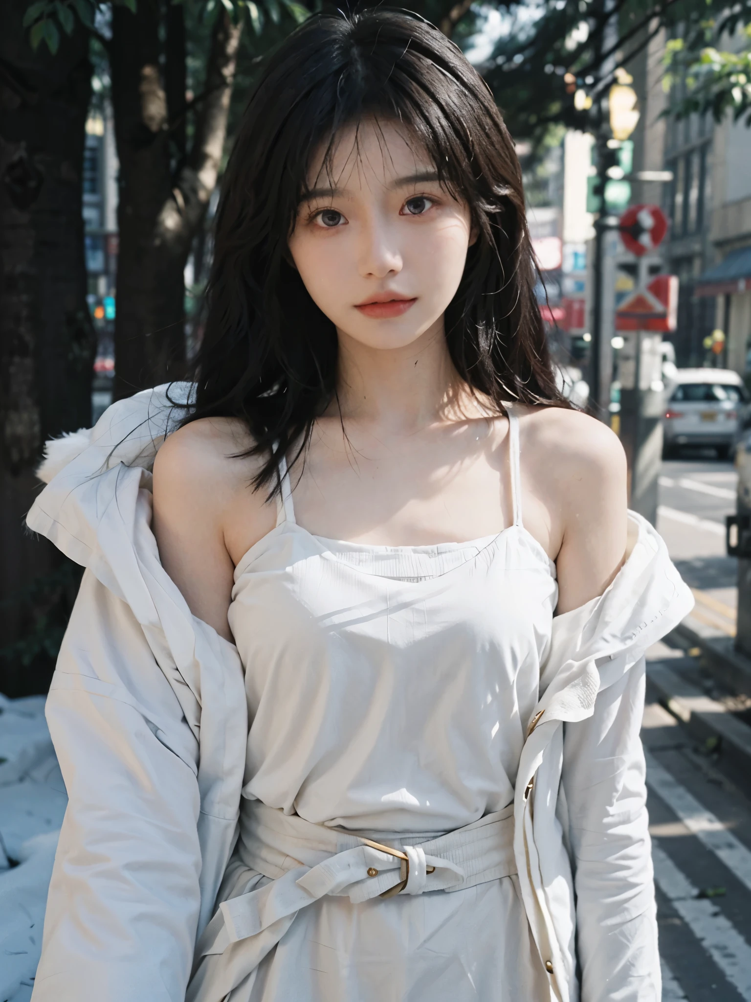 Film portrait photography, 2 girls, bare shoulders, Shoulder length wavy hair, white coat,Snow white sling, (Realistic and detailed eyes, natural skin texture, Realistic facial details),, depth of field, Bokeh, Vibrant details, Detailed and detailed, Surrealism, 35mm film, hazy, ,self-shot,