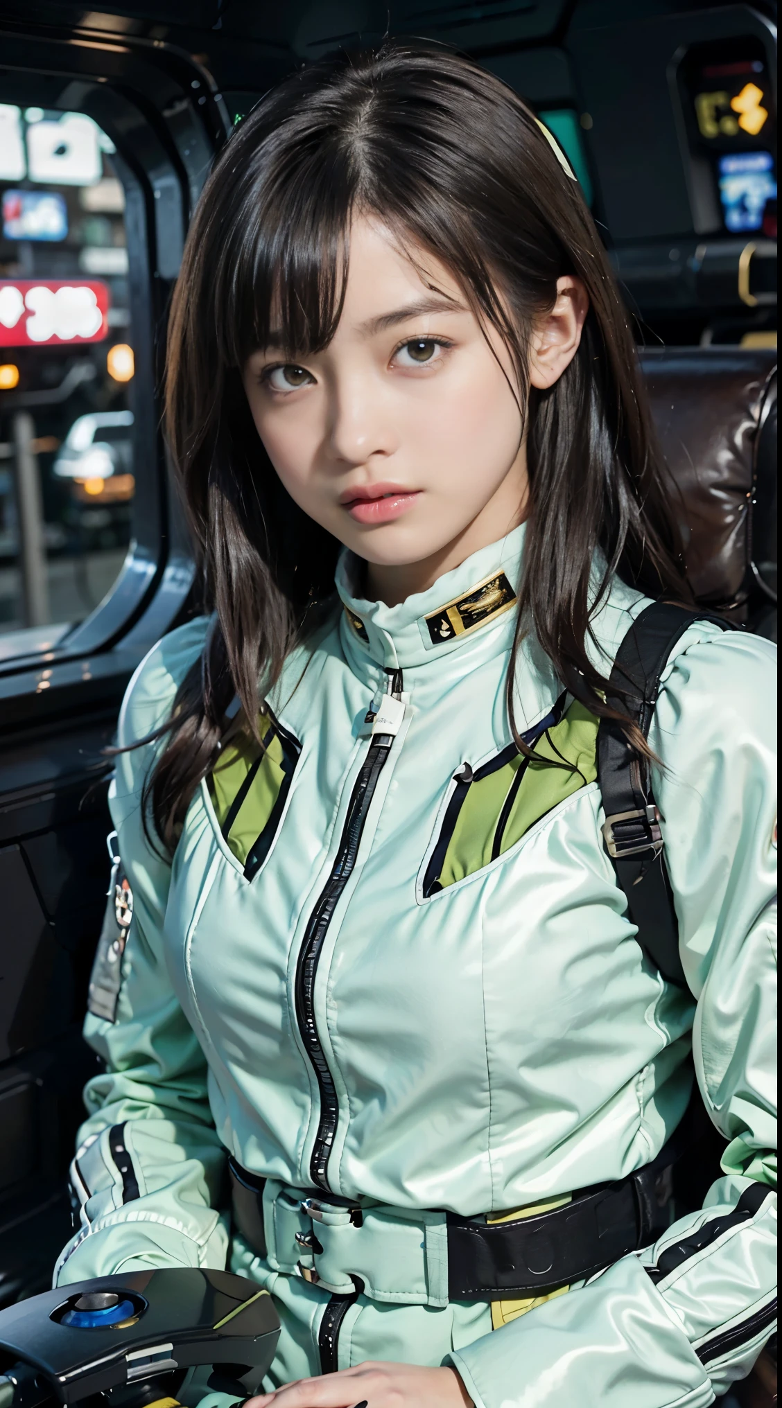 Highest image quality, outstanding details, ultra-high resolution, (realism: 1.4), the best illustration, favor details, highly condensed 1girl, with a delicate and beautiful face, dressed in a black and green mecha, wearing a mecha helmet, holding a directional controller, riding on a motorcycle, the background is a high-tech lighting scene of the future city.