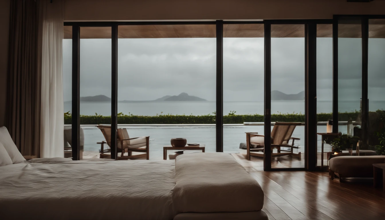 it&#39;s raining outside、Villa with sea view、You can see the rainy sea outside from the big bed.{View from bed}