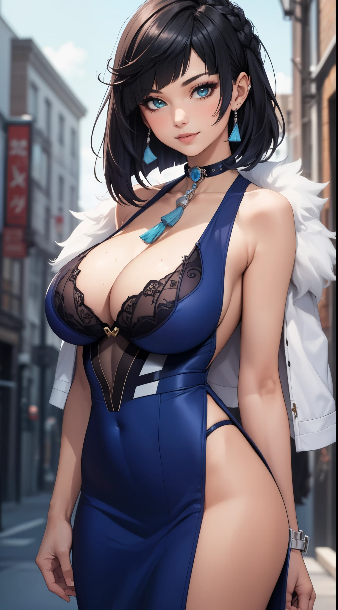 sexy outfit,((Best quality)), ((masterpiece)), realistic, beautiful, sexy, young girl, bob black hair, choker, cleavage, big breasts, professional makeup, cool, wearing a sexy cute white modern sleeveless halterneck dress, sunny day, tyndall effect, god ray, outdoor, bright, subtle smile,