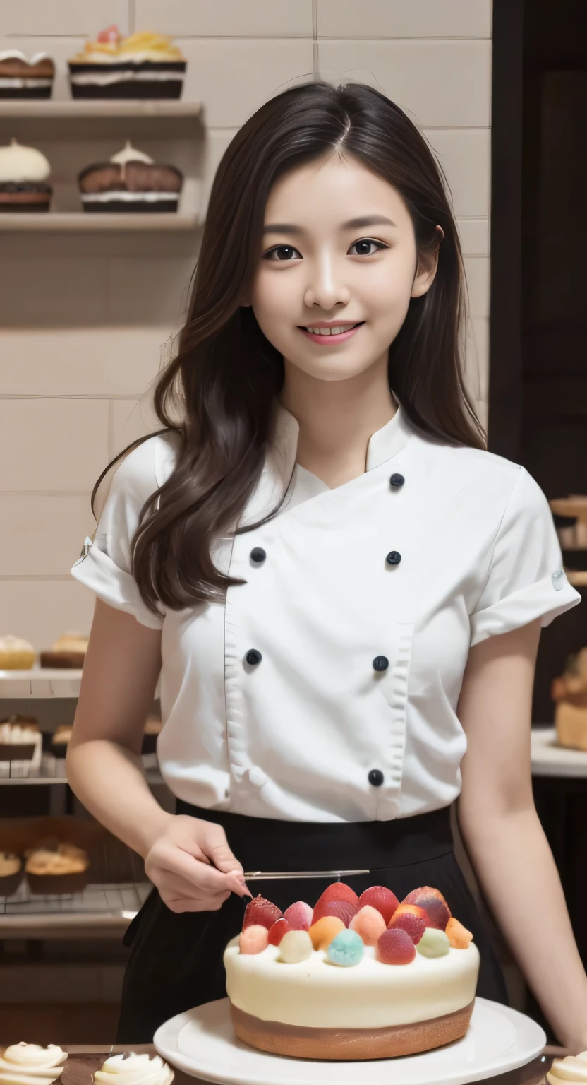 (highest quality、masterpiece:1.2)、highest quality、realistic、photograph、High resolution、1080P、8K、rough skin、physical rendering、1 Japanese woman、high school student、cute、young face、curly hair、(patissier:1.5)、Cake shop、full of embarrassment、smile、big
