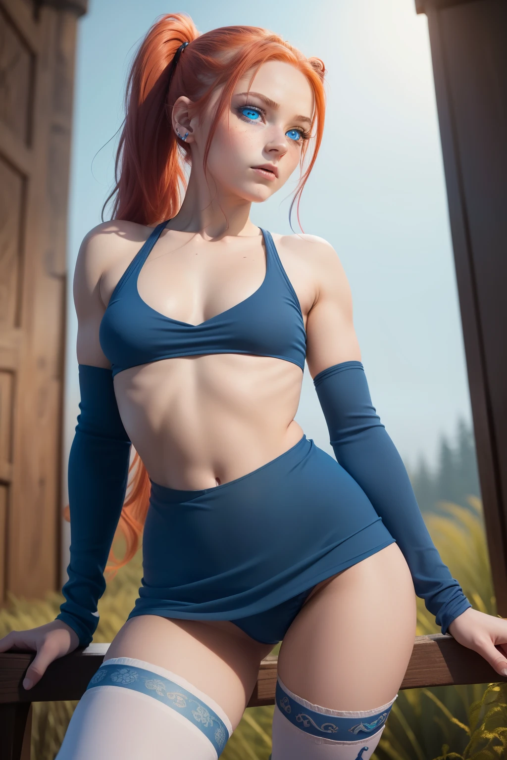 1 girl, One, (nsfv), Cute red-haired 18-year-old girl in two ponytails, bare chest, ((perfect female Body)) kimi (rainbow colored hair: 1.2), (Beautiful detailed blue eyes: 1.6), (photo realistic eyes: 1.6), Happy, Ukrainian, ( Body), ((small hips)), pale white skin, (cotton miniskirt and tube top), (matte tights: 1.6), ("Legacy of the Throne" Background style}, (night time), photo realistic.